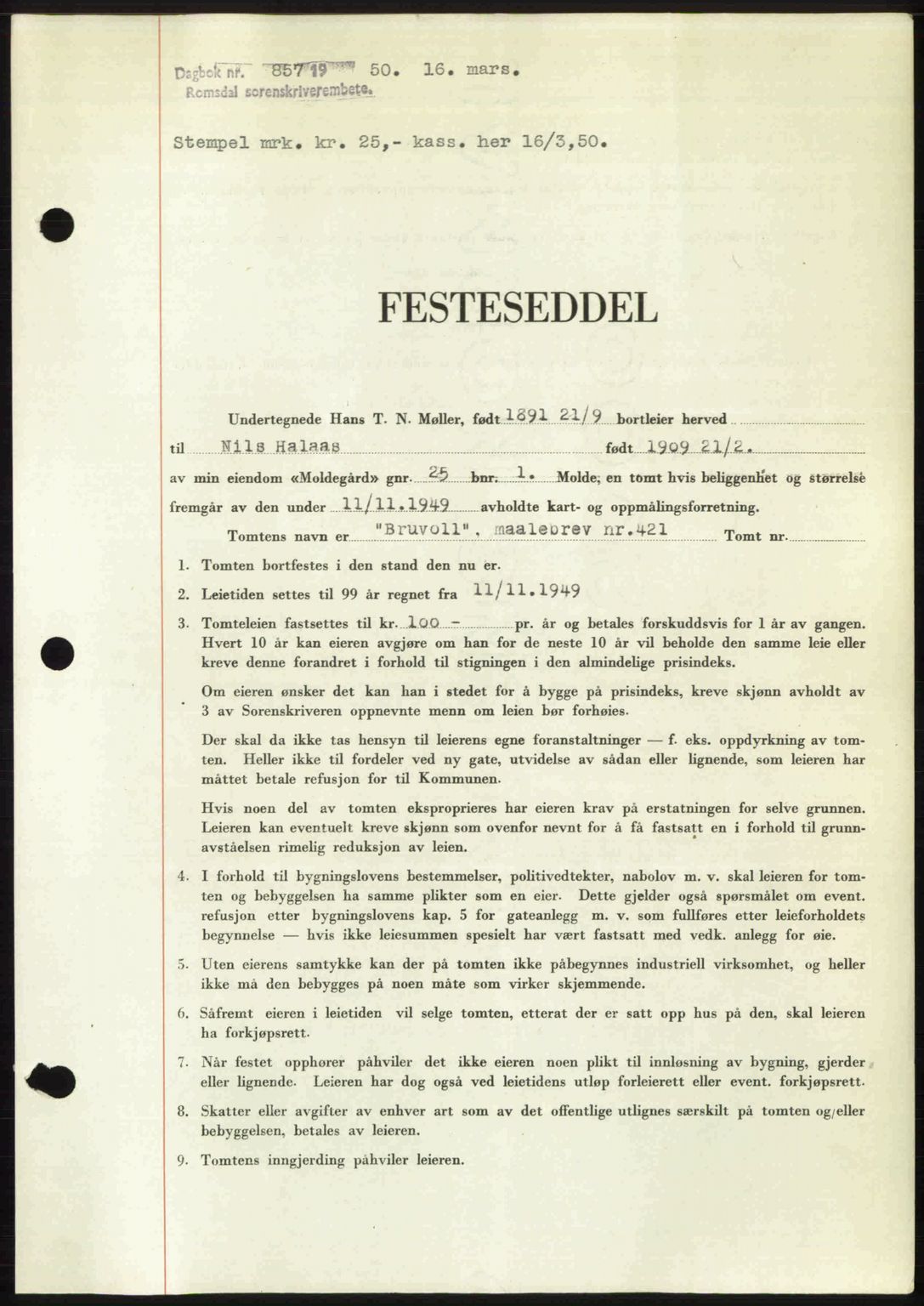 Romsdal sorenskriveri, SAT/A-4149/1/2/2C: Pantebok nr. A32, 1950-1950, Dagboknr: 857/1950