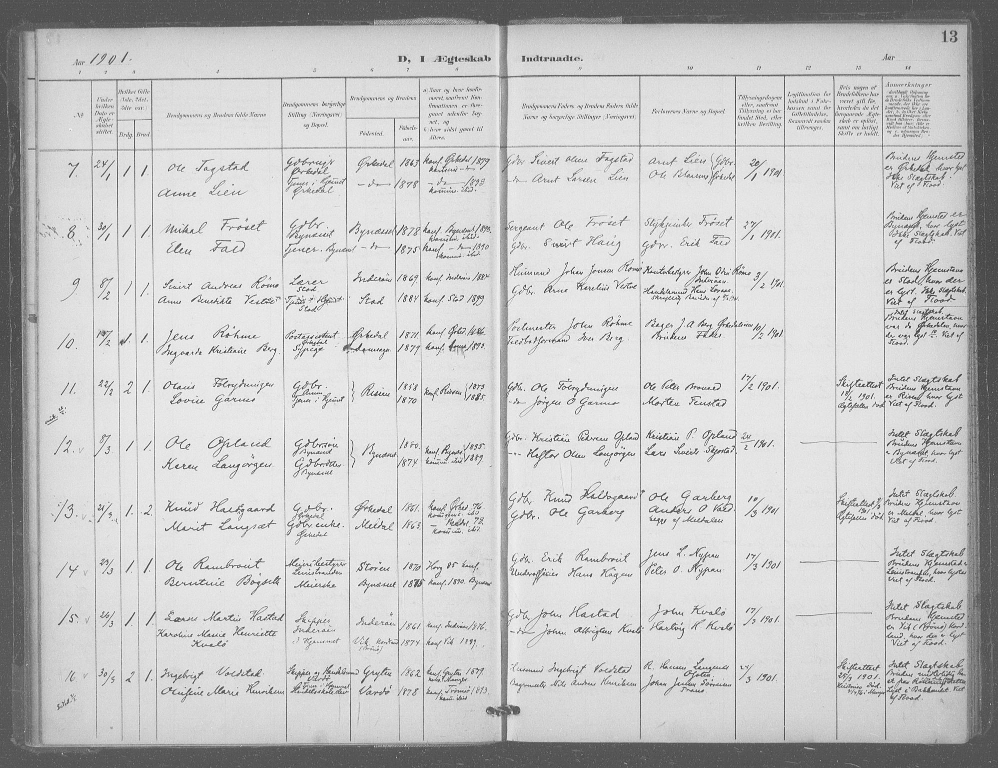Ministerialprotokoller, klokkerbøker og fødselsregistre - Sør-Trøndelag, SAT/A-1456/601/L0077: Residerende kapellans bok nr. 601B10, 1900-1907, s. 13