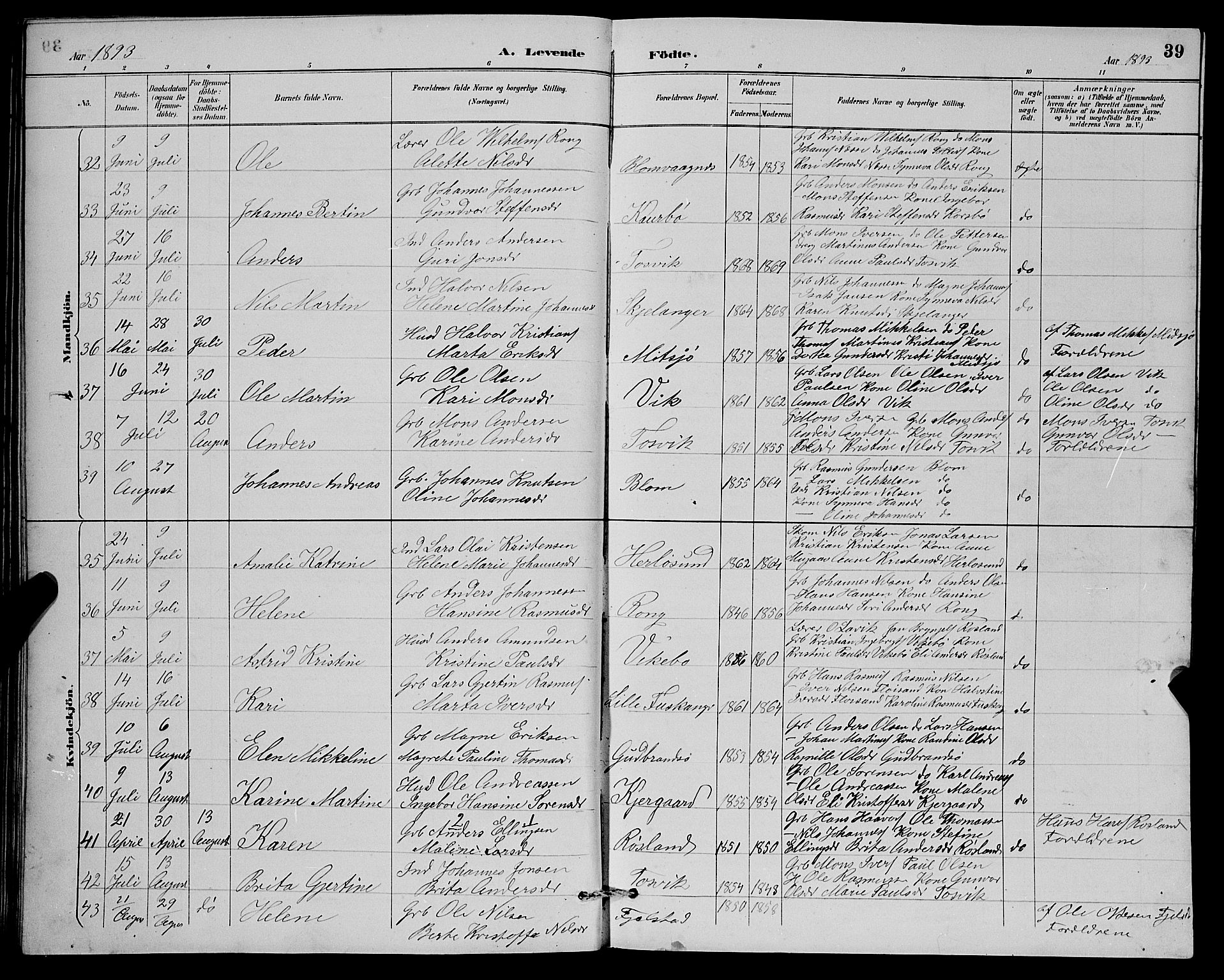 Herdla Sokneprestembete, AV/SAB-A-75701/H/Hab: Klokkerbok nr. A 3, 1889-1899, s. 39