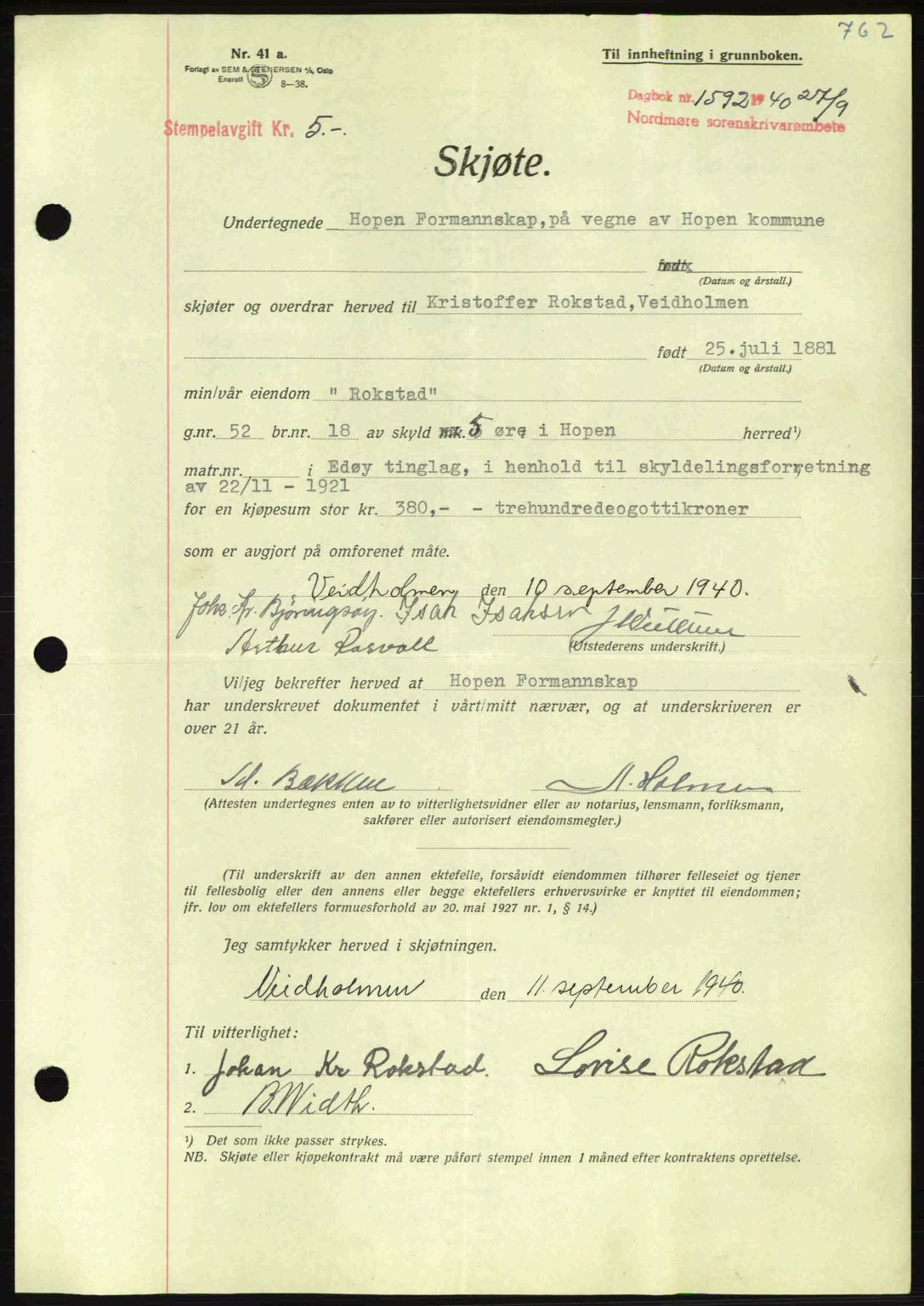 Nordmøre sorenskriveri, AV/SAT-A-4132/1/2/2Ca: Pantebok nr. A88, 1940-1940, Dagboknr: 1592/1940