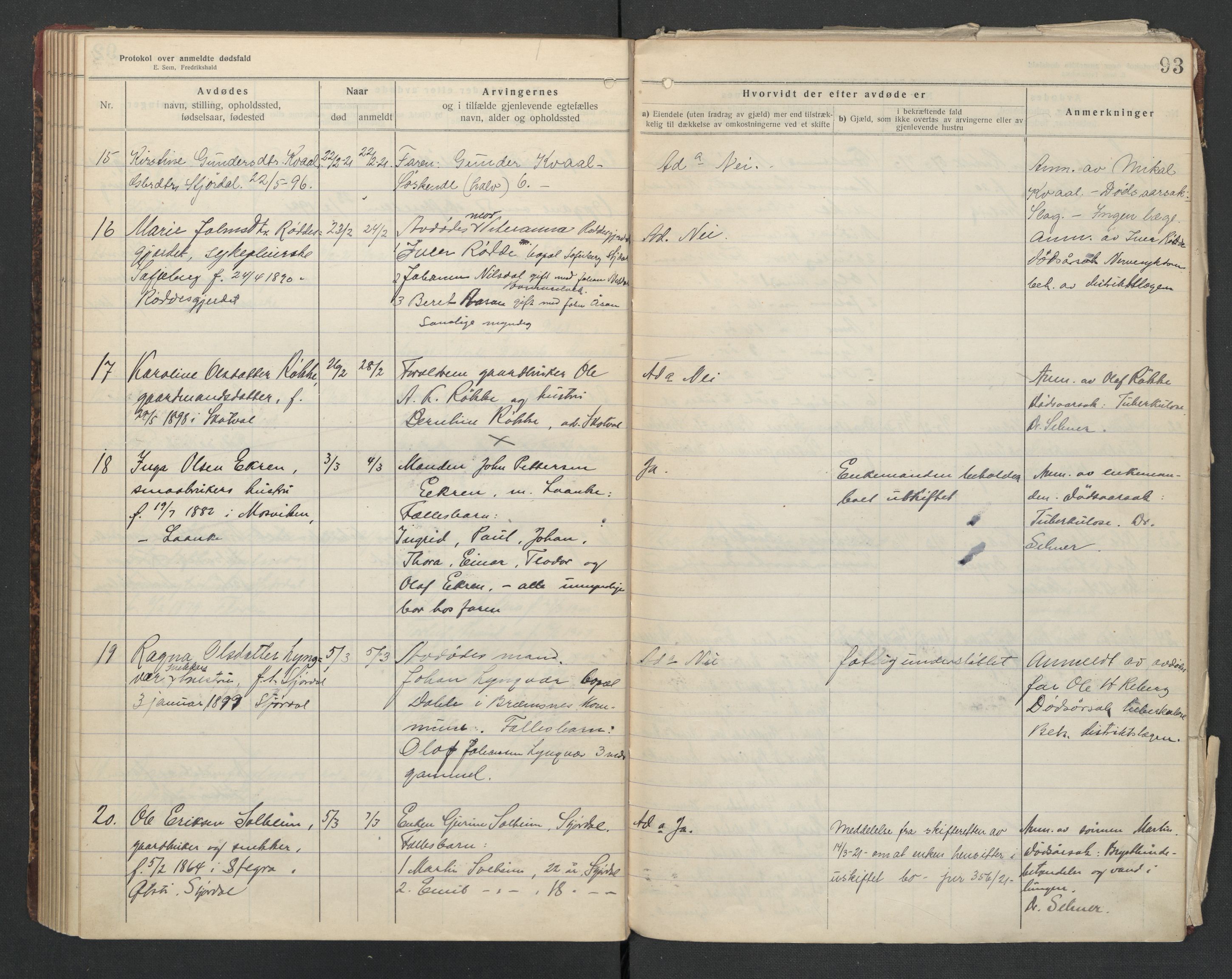 Nedre Stjørdal lensmannskontor, AV/SAT-A-1044/02/L0004: 2.01.04 Dødsfallsprotokoller, 1917-1921, s. 93