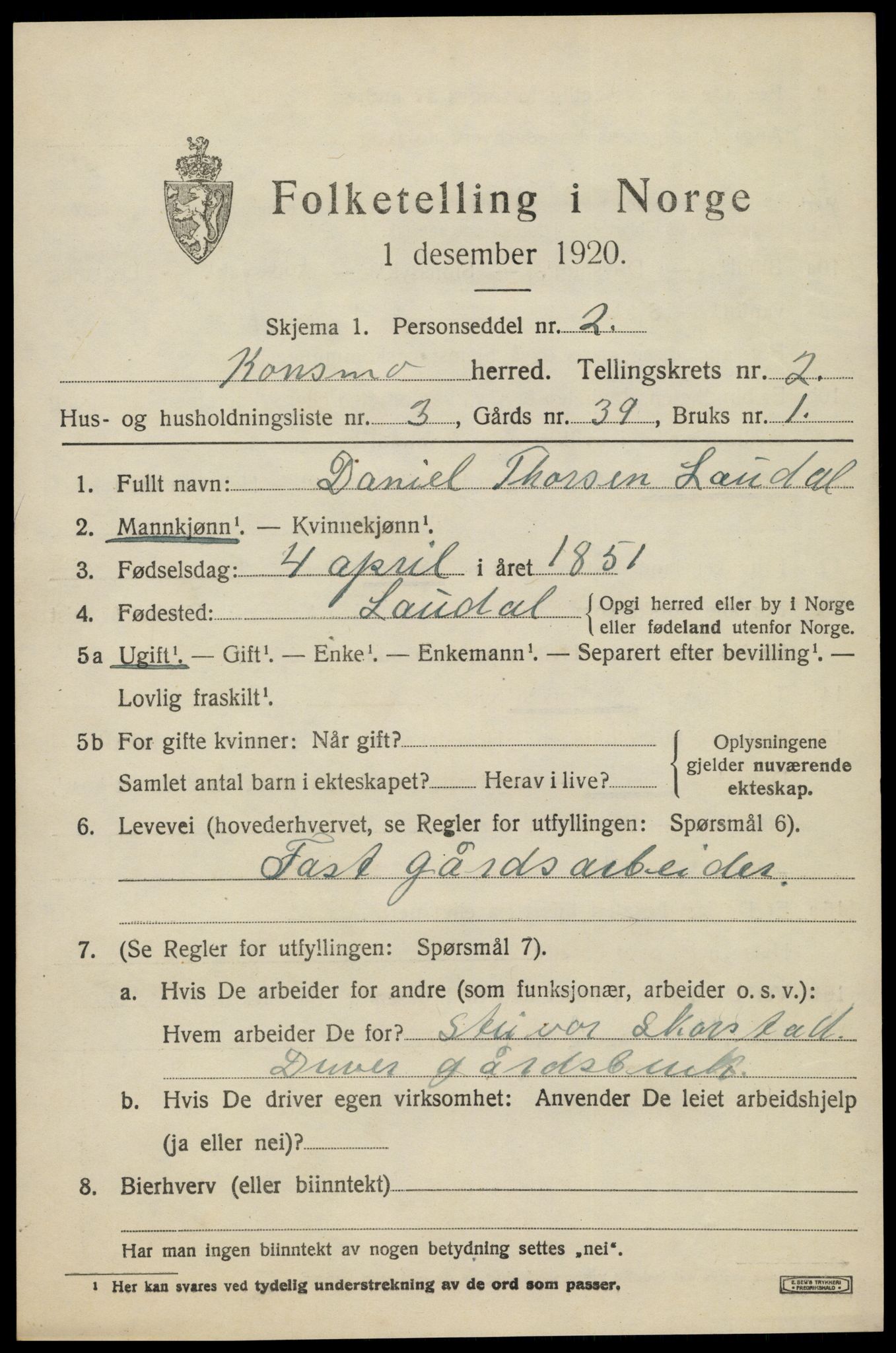 SAK, Folketelling 1920 for 1027 Konsmo herred, 1920, s. 994