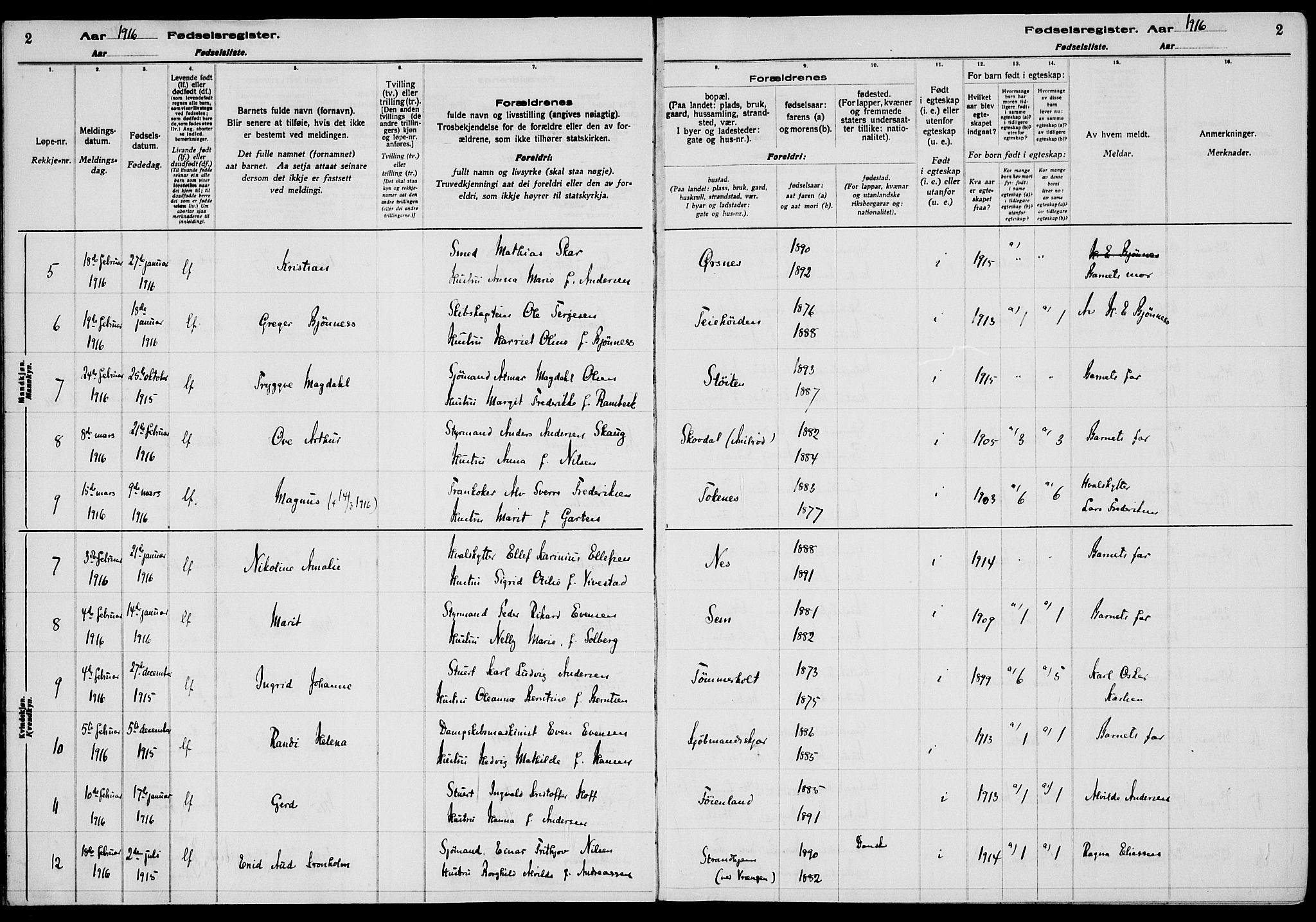 Nøtterøy kirkebøker, SAKO/A-354/J/Ja/L0001: Fødselsregister nr. 1, 1916-1928, s. 2