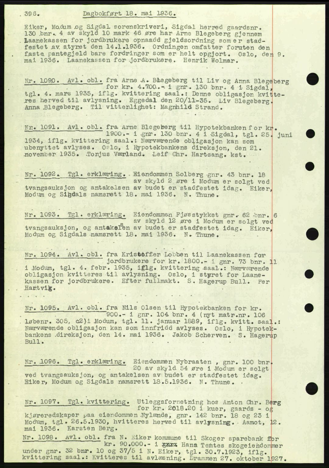 Eiker, Modum og Sigdal sorenskriveri, SAKO/A-123/G/Ga/Gab/L0032: Pantebok nr. A2, 1936-1936, Dagboknr: 1090/1936