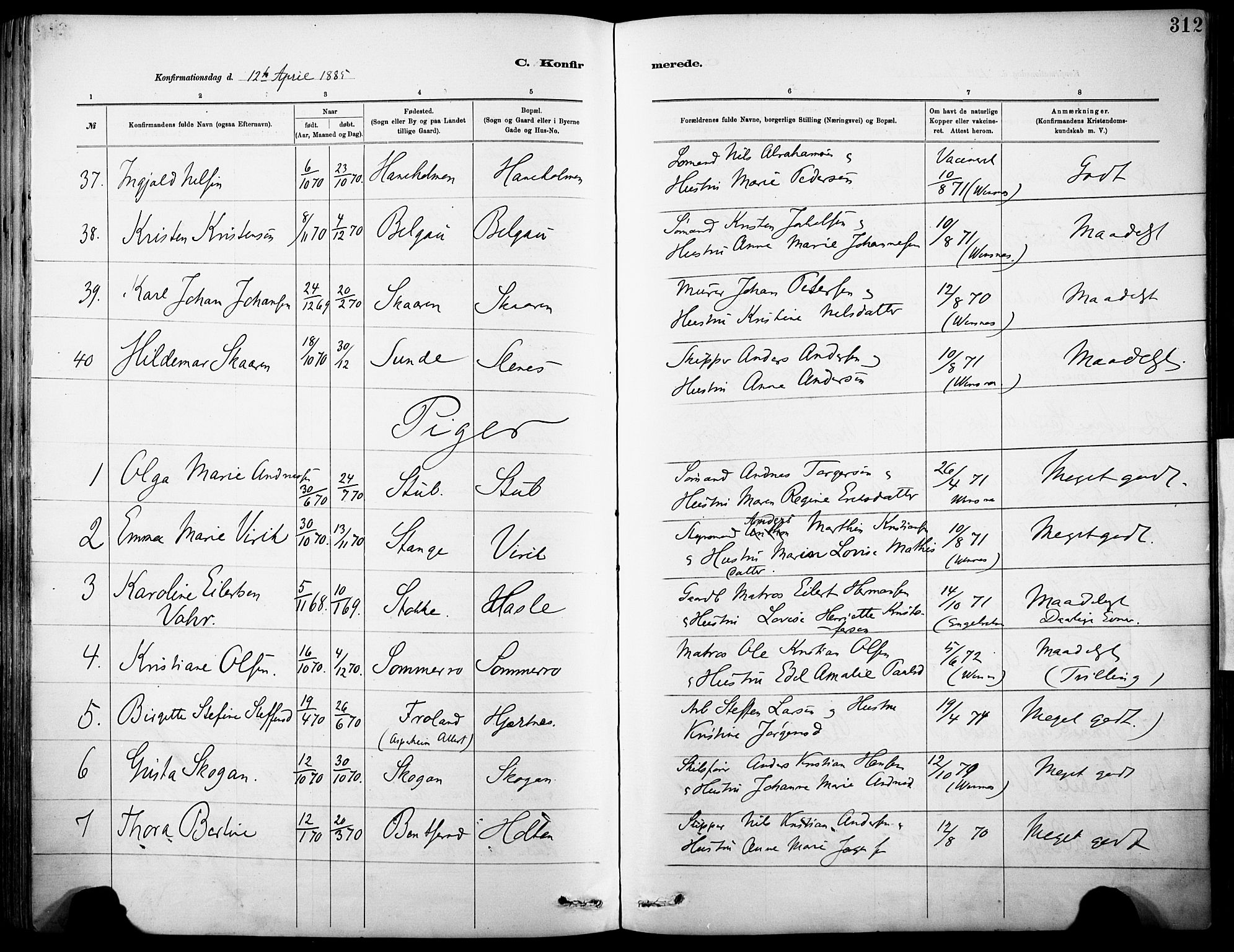 Sandar kirkebøker, AV/SAKO-A-243/F/Fa/L0012: Ministerialbok nr. 12, 1883-1895, s. 312