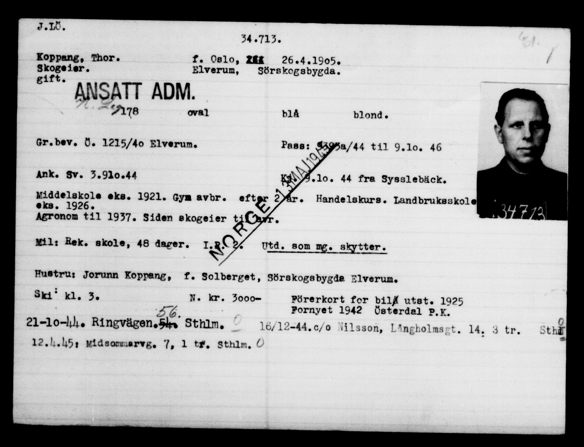 Utenriksstasjonene, Legasjonen i Stockholm, Flyktningkontoret, AV/RA-S-6753/V/Va/L0013: Kjesäterkartoteket, flyktninger med registreringsnr. 31500-34731, 1940-1945, s. 3386