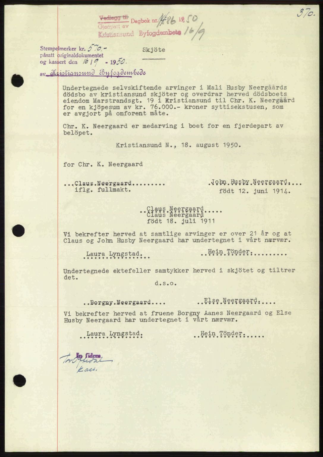Kristiansund byfogd, AV/SAT-A-4587/A/27: Pantebok nr. 46, 1949-1950, Dagboknr: 1486/1950