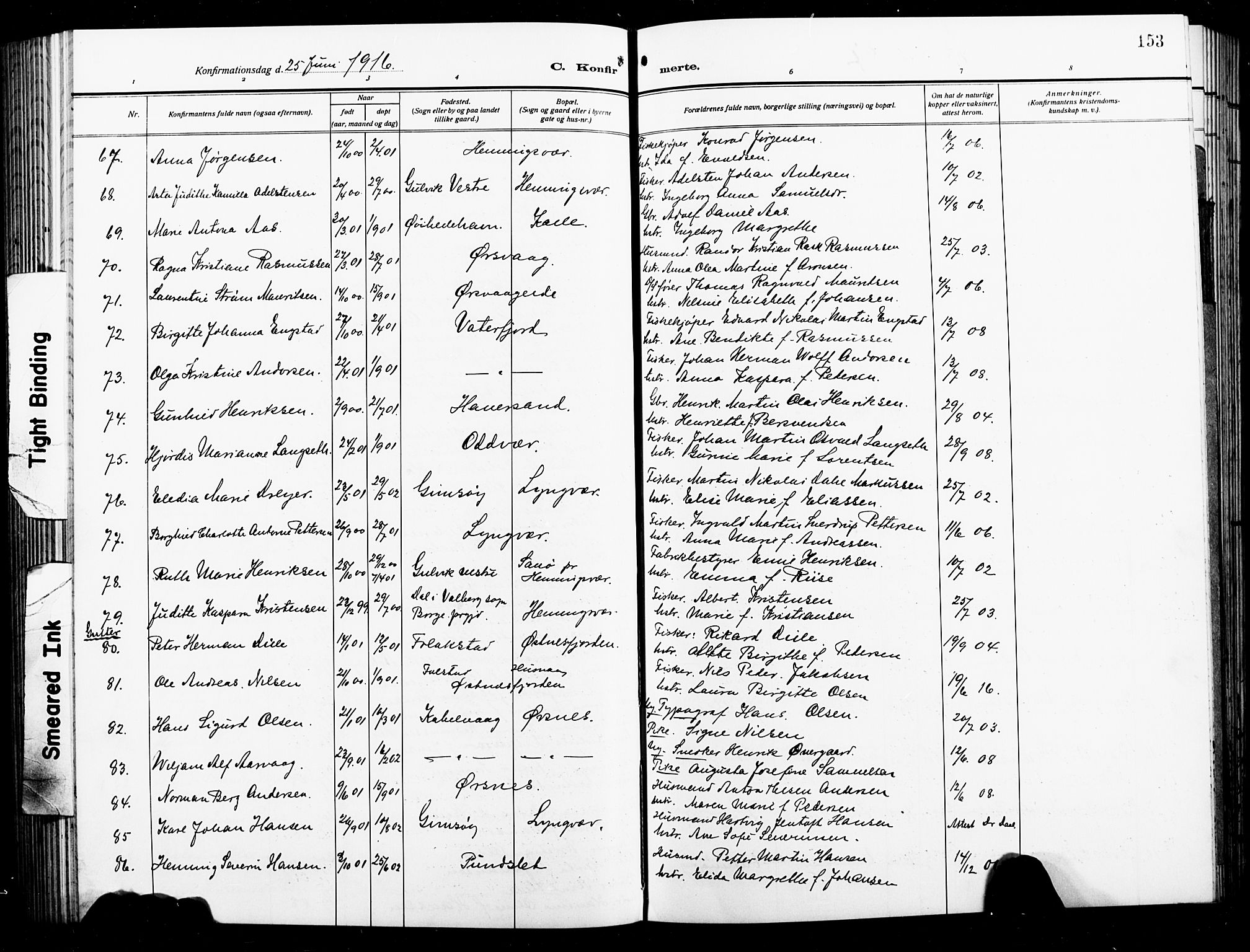 Ministerialprotokoller, klokkerbøker og fødselsregistre - Nordland, AV/SAT-A-1459/874/L1080: Klokkerbok nr. 874C09, 1915-1925, s. 153