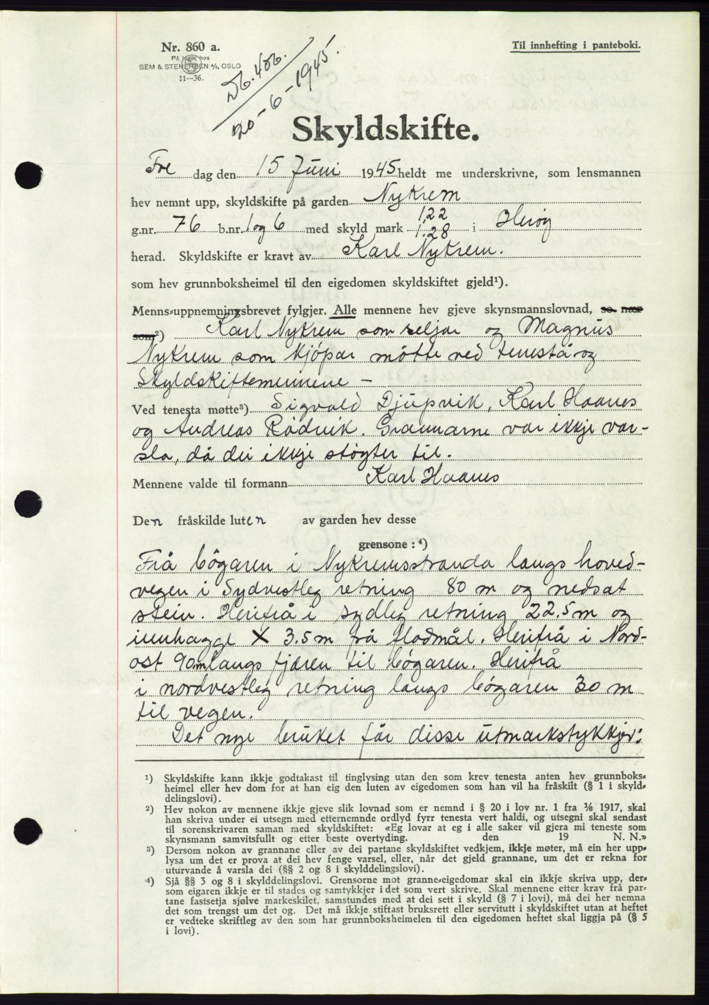 Søre Sunnmøre sorenskriveri, AV/SAT-A-4122/1/2/2C/L0077: Pantebok nr. 3A, 1945-1946, Dagboknr: 406/1945
