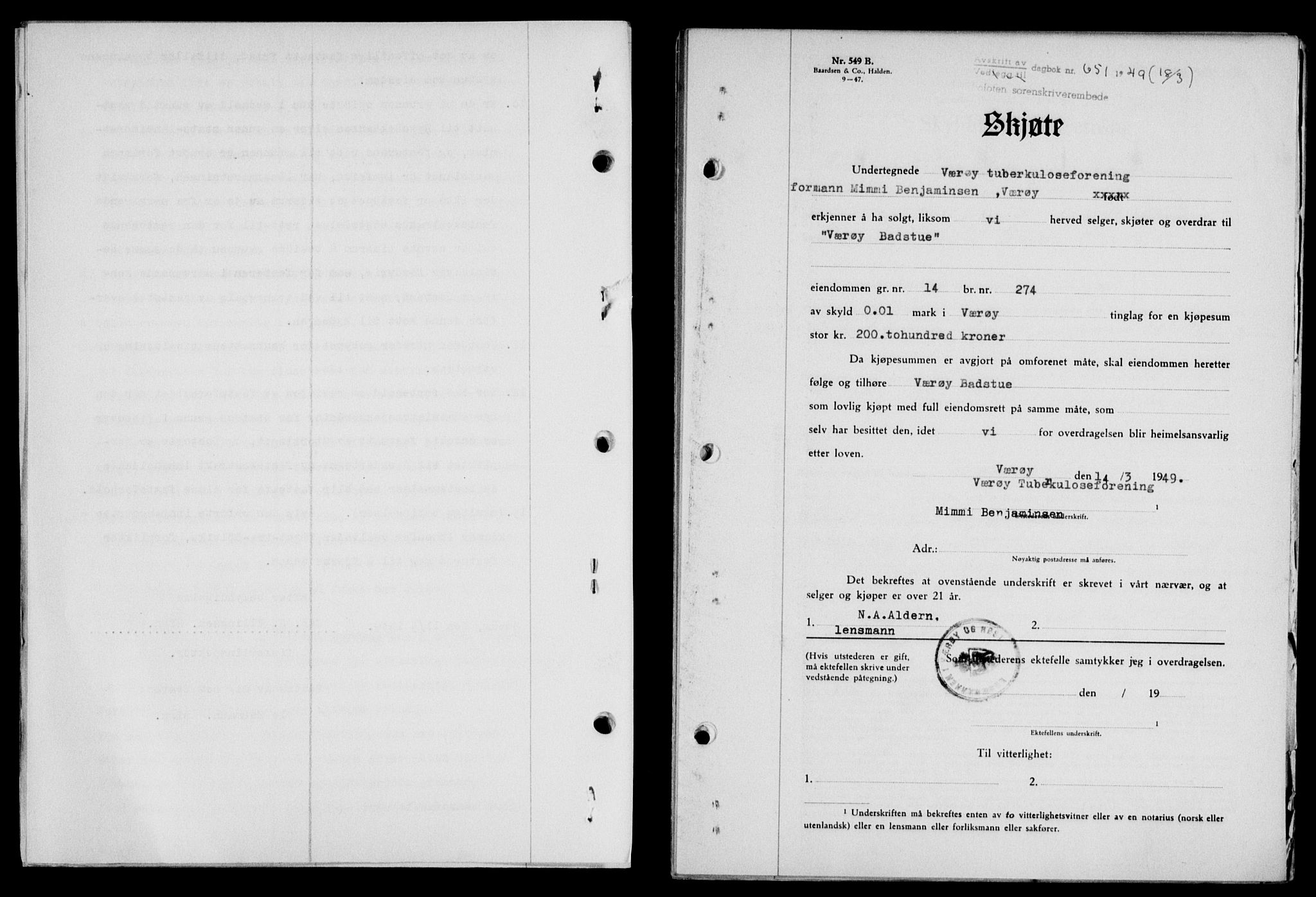 Lofoten sorenskriveri, SAT/A-0017/1/2/2C/L0020a: Pantebok nr. 20a, 1948-1949, Dagboknr: 651/1949