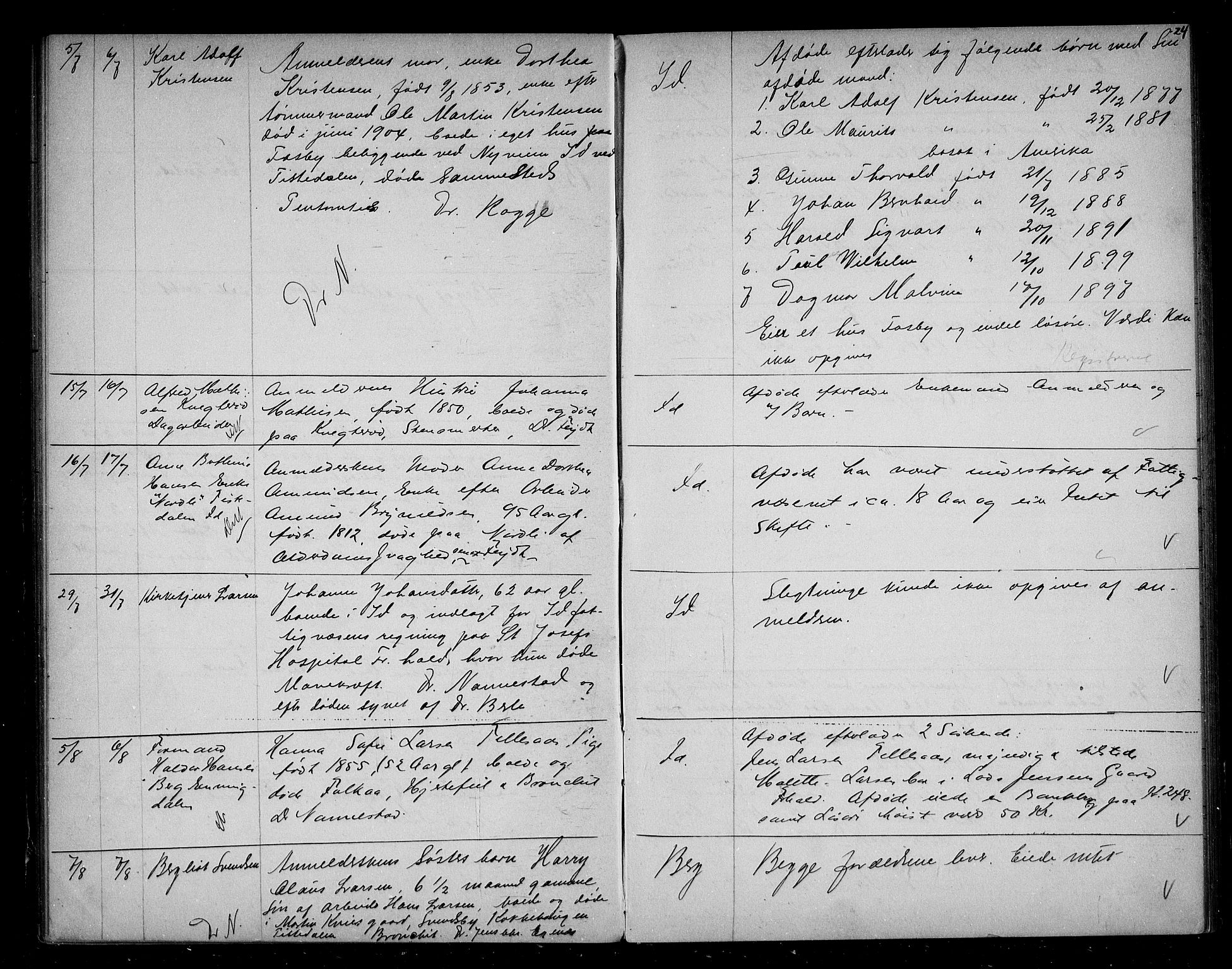 Idd og Marker sorenskriveri, AV/SAO-A-10283/H/Ha/Haa/L0001/0004: Dødsanmeldelsesprotokoller / Dødsanmeldelsesprotokoll, 1905-1910, s. 24
