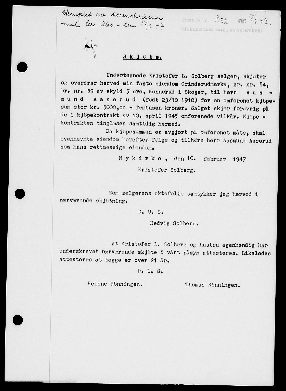 Holmestrand sorenskriveri, SAKO/A-67/G/Ga/Gaa/L0061: Pantebok nr. A-61, 1946-1947, Dagboknr: 322/1947
