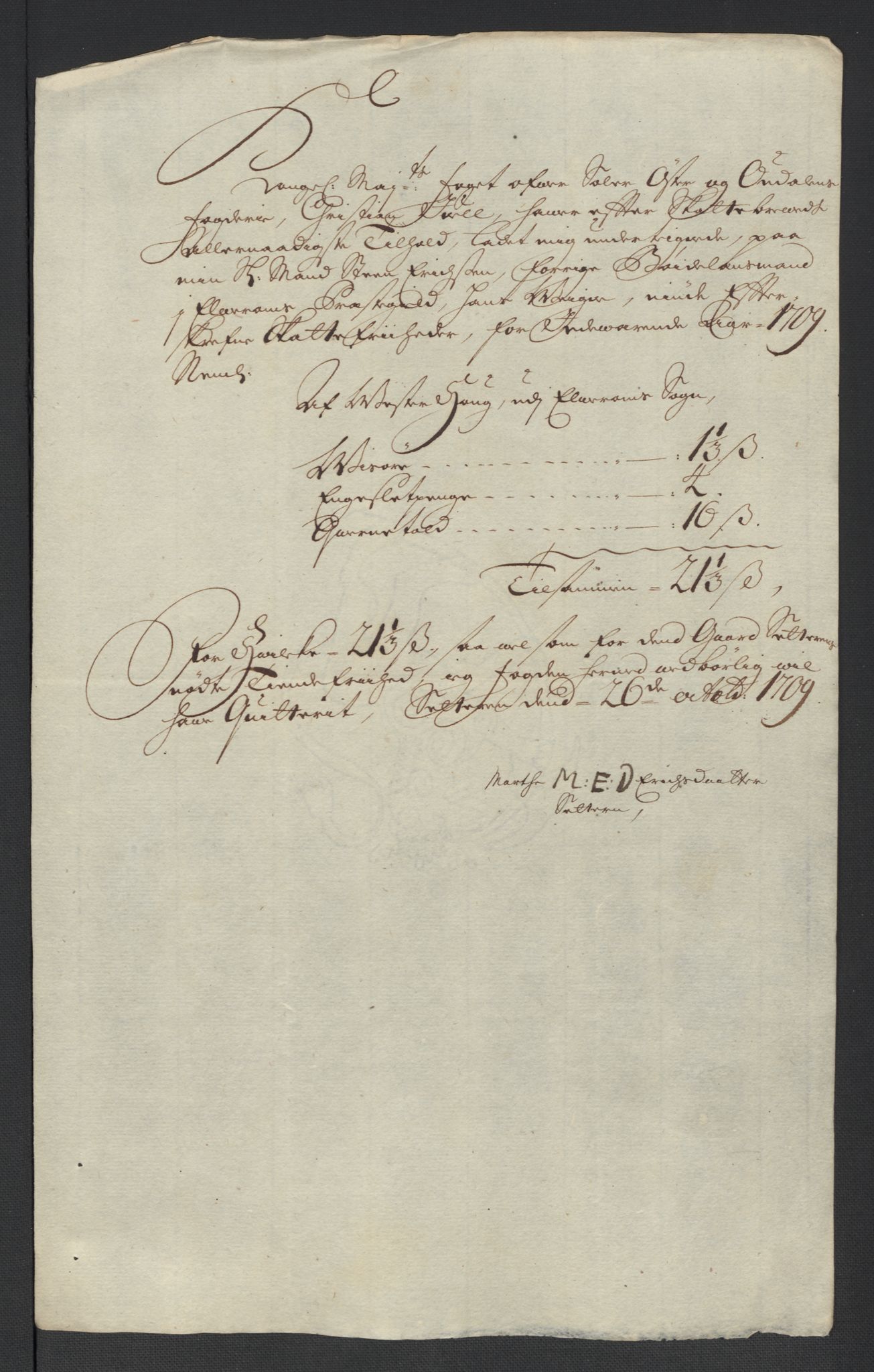 Rentekammeret inntil 1814, Reviderte regnskaper, Fogderegnskap, AV/RA-EA-4092/R13/L0846: Fogderegnskap Solør, Odal og Østerdal, 1709, s. 281