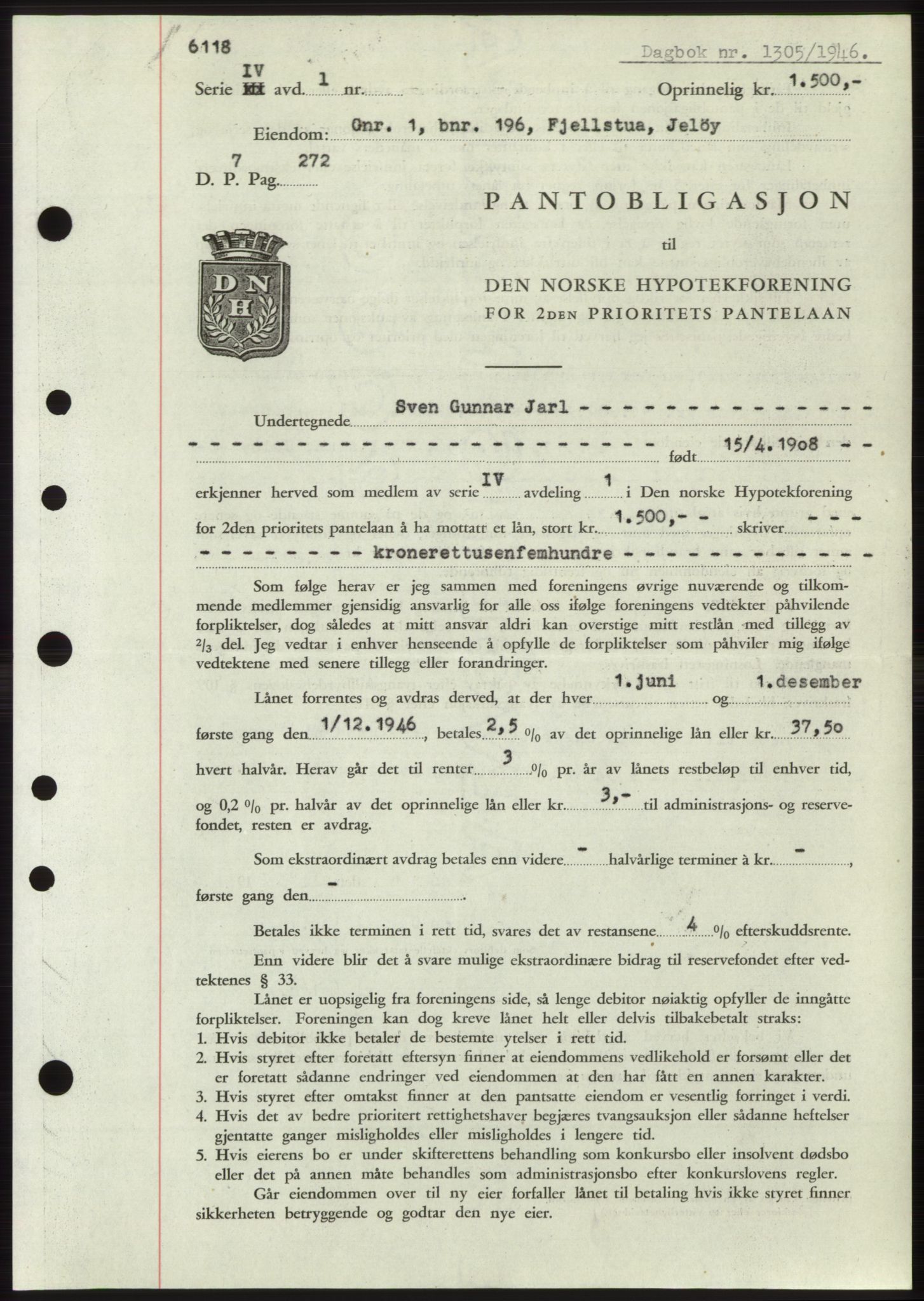 Moss sorenskriveri, SAO/A-10168: Pantebok nr. B15, 1946-1946, Dagboknr: 1305/1946