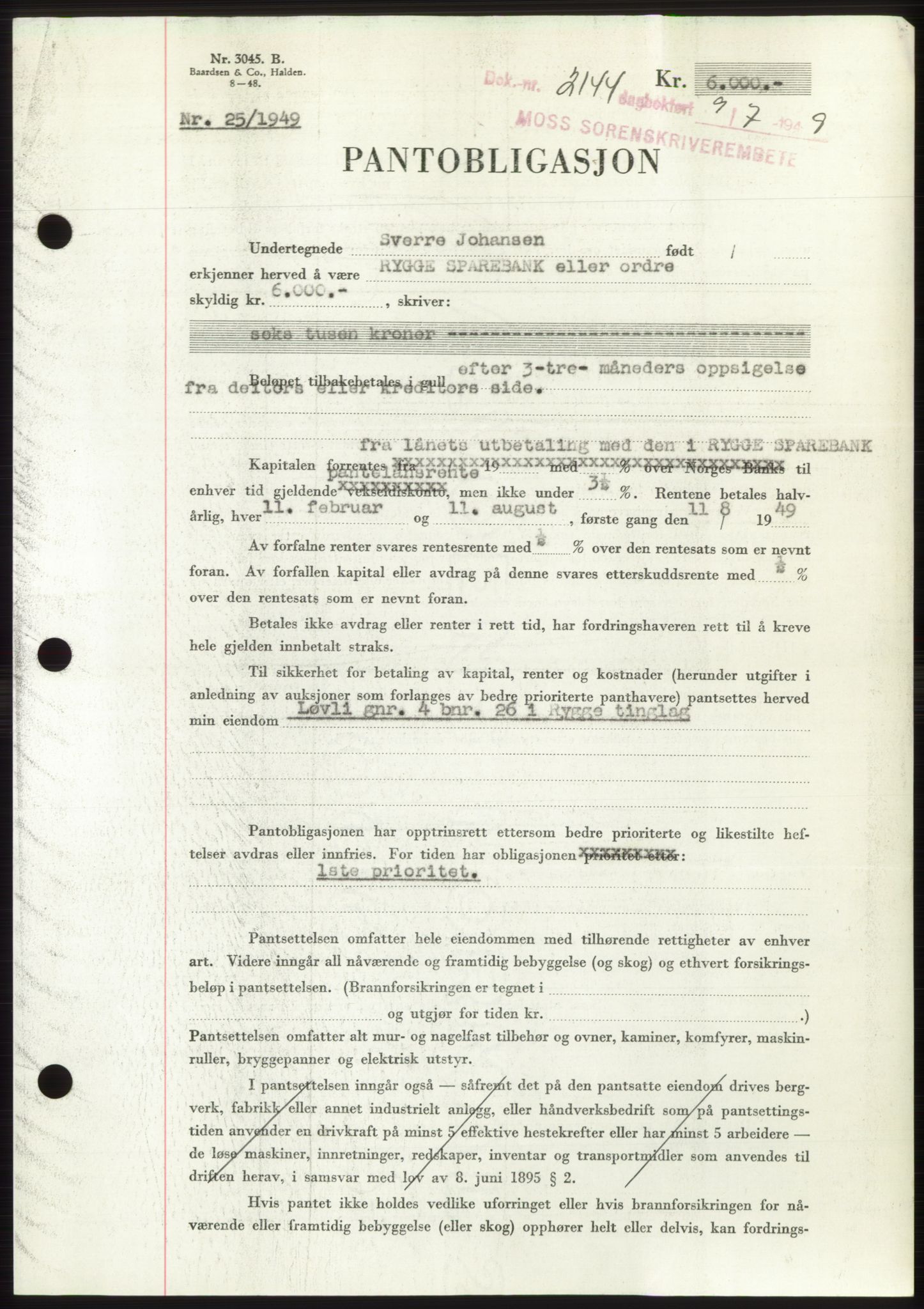 Moss sorenskriveri, SAO/A-10168: Pantebok nr. B22, 1949-1949, Dagboknr: 2144/1949