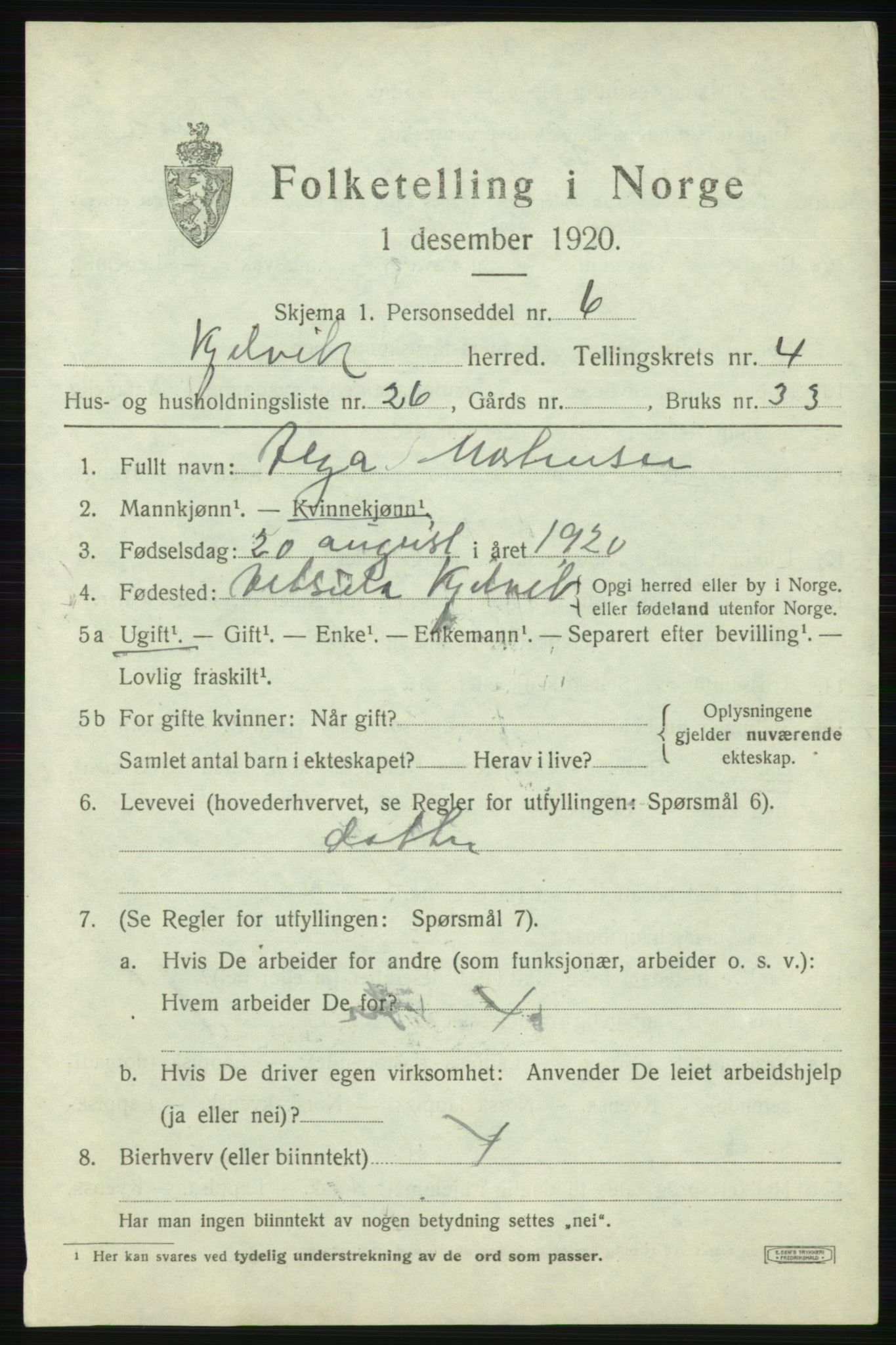 SATØ, Folketelling 1920 for 2019 Kjelvik herred, 1920, s. 2191