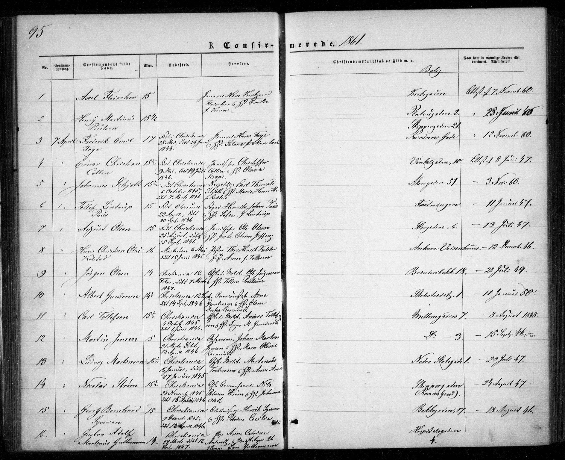 Garnisonsmenigheten Kirkebøker, AV/SAO-A-10846/G/Ga/L0006: Klokkerbok nr. 6, 1860-1880, s. 95