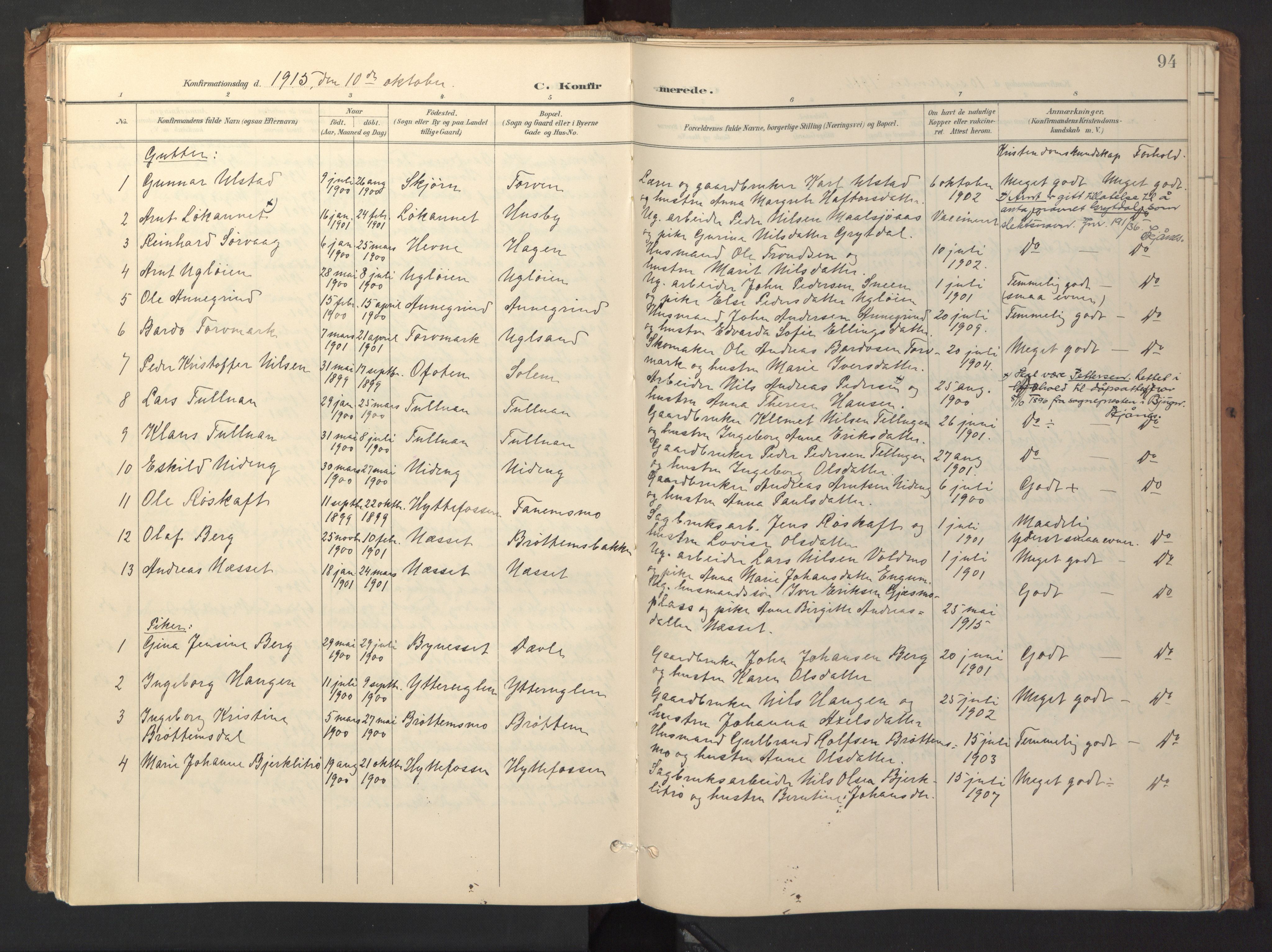Ministerialprotokoller, klokkerbøker og fødselsregistre - Sør-Trøndelag, AV/SAT-A-1456/618/L0448: Ministerialbok nr. 618A11, 1898-1916, s. 94