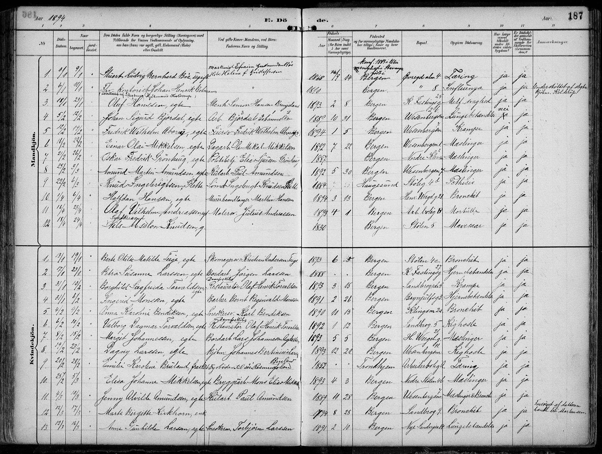 Mariakirken Sokneprestembete, AV/SAB-A-76901/H/Hab/L0005: Klokkerbok nr. A 5, 1893-1913, s. 187