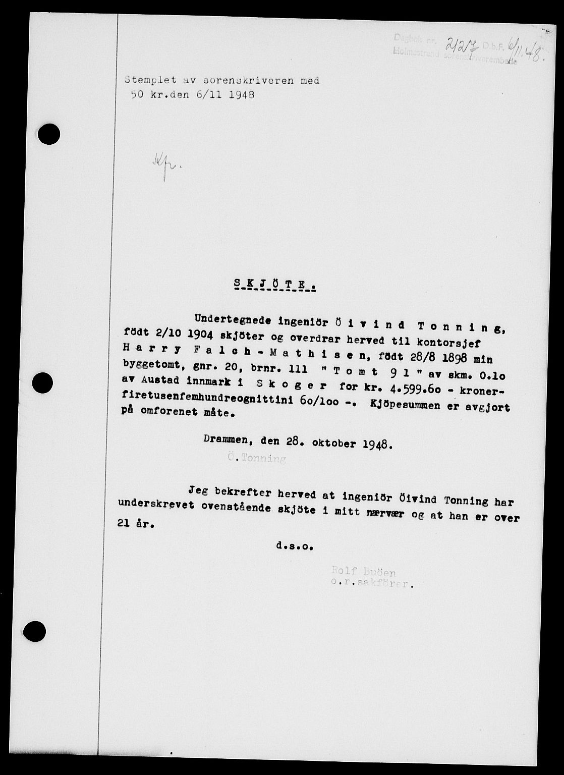 Holmestrand sorenskriveri, SAKO/A-67/G/Ga/Gaa/L0065: Pantebok nr. A-65, 1948-1949, Dagboknr: 2127/1948
