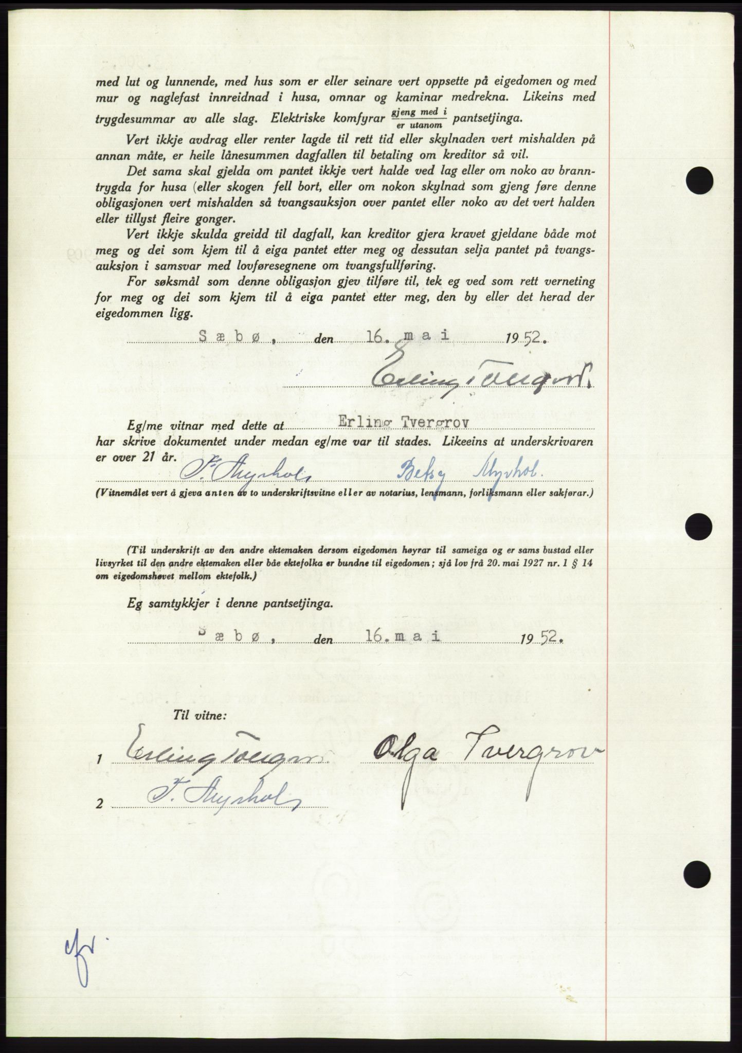 Søre Sunnmøre sorenskriveri, AV/SAT-A-4122/1/2/2C/L0121: Pantebok nr. 9B, 1951-1952, Dagboknr: 1062/1952