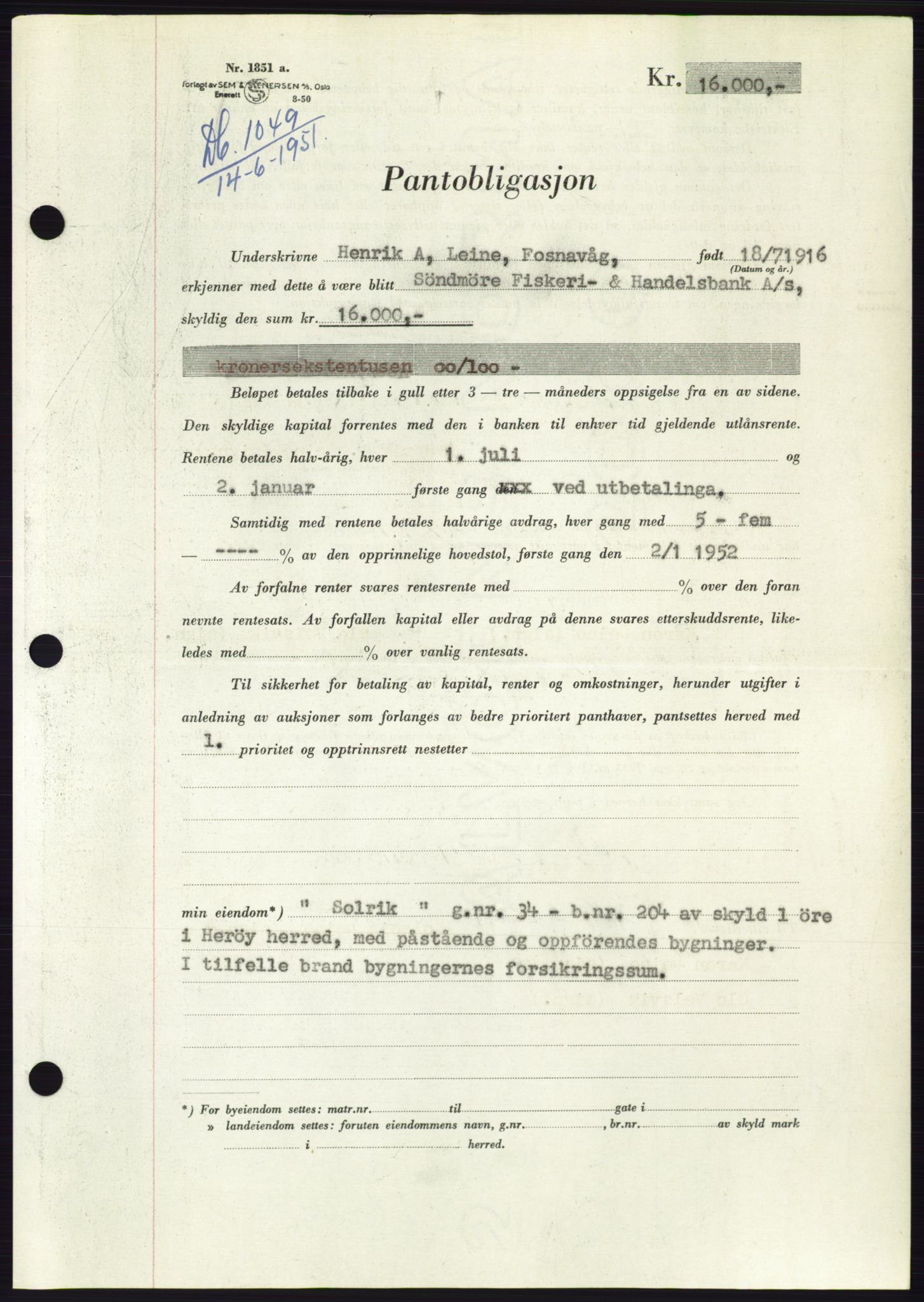 Søre Sunnmøre sorenskriveri, AV/SAT-A-4122/1/2/2C/L0120: Pantebok nr. 8B, 1951-1951, Dagboknr: 1049/1951