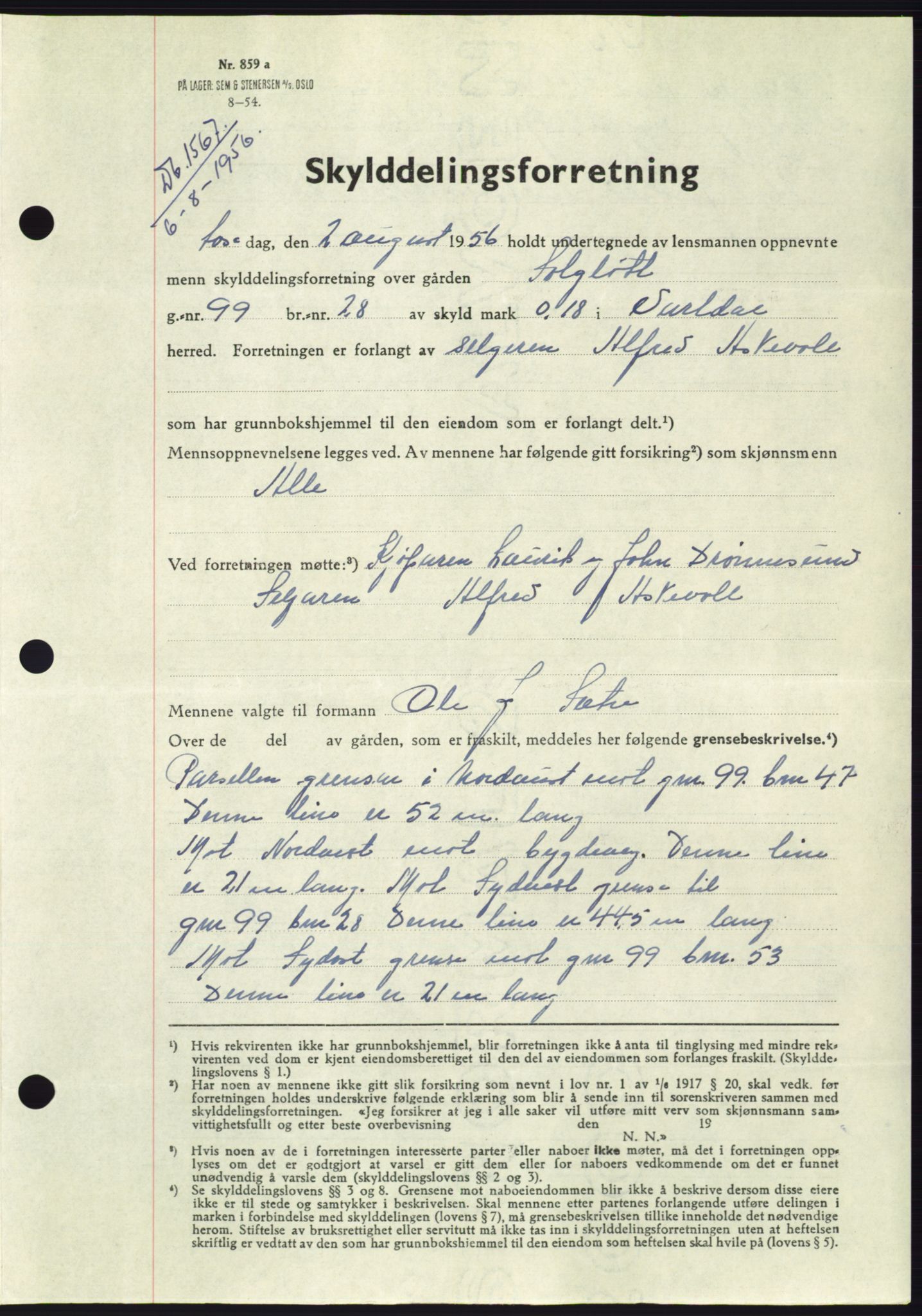 Søre Sunnmøre sorenskriveri, AV/SAT-A-4122/1/2/2C/L0104: Pantebok nr. 30A, 1956-1956, Dagboknr: 1567/1956