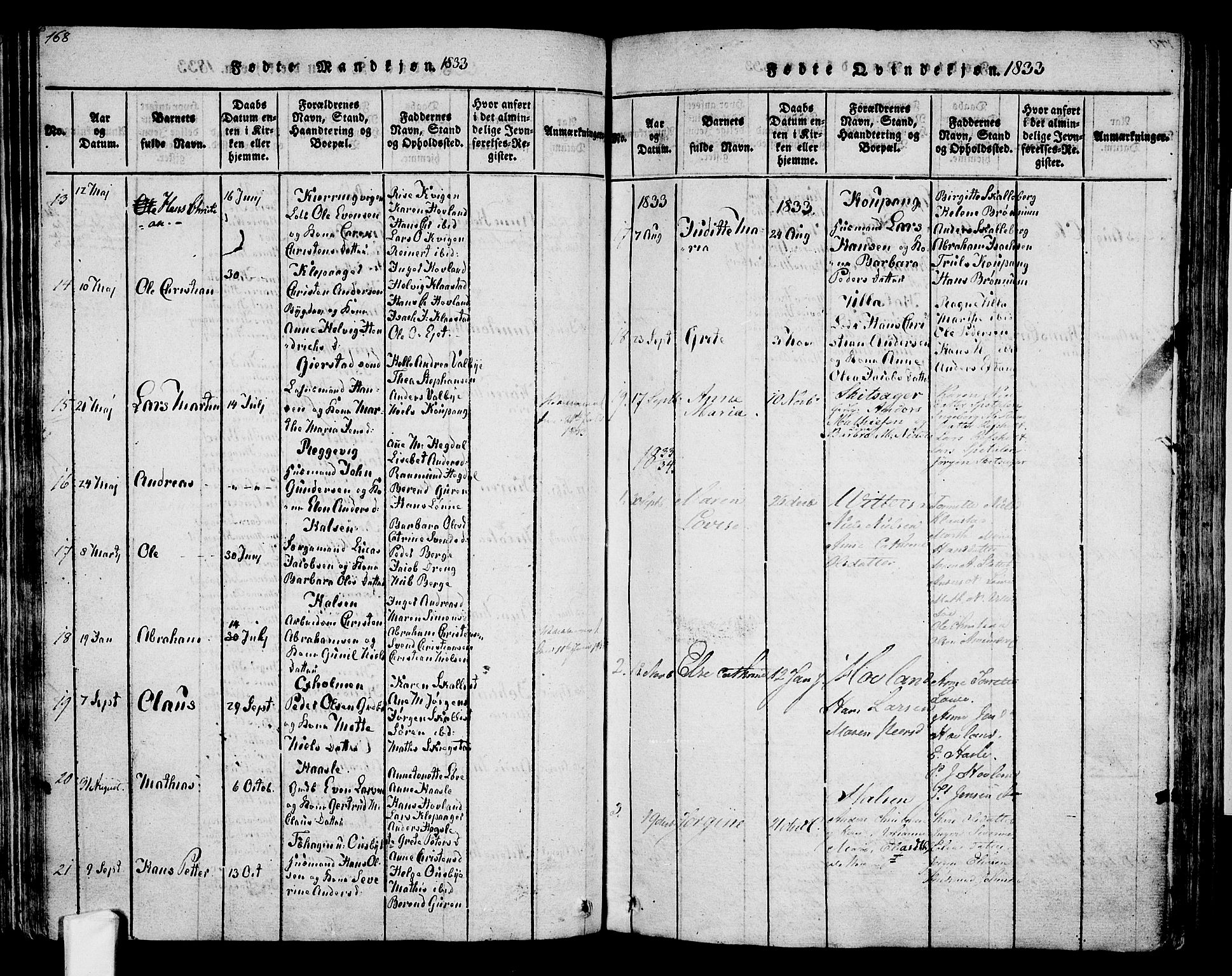 Tjølling kirkebøker, AV/SAKO-A-60/F/Fa/L0005: Ministerialbok nr. 5, 1814-1836, s. 168-169