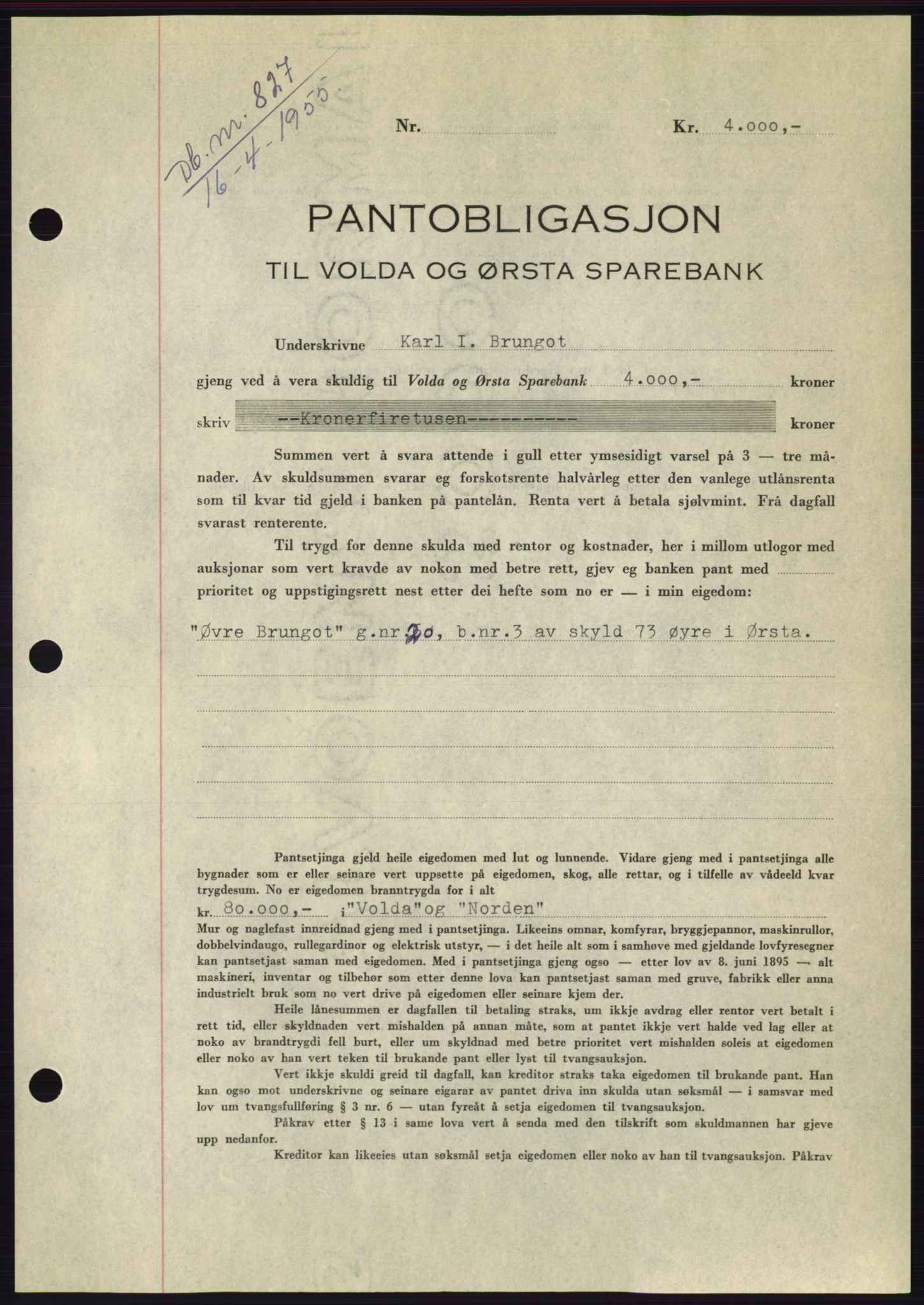 Søre Sunnmøre sorenskriveri, AV/SAT-A-4122/1/2/2C/L0126: Pantebok nr. 14B, 1954-1955, Dagboknr: 827/1955