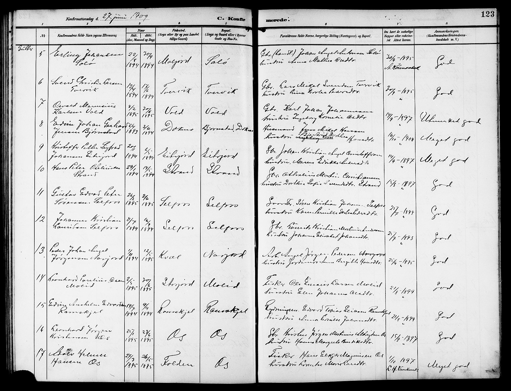 Ministerialprotokoller, klokkerbøker og fødselsregistre - Nordland, AV/SAT-A-1459/846/L0655: Klokkerbok nr. 846C05, 1902-1916, s. 123