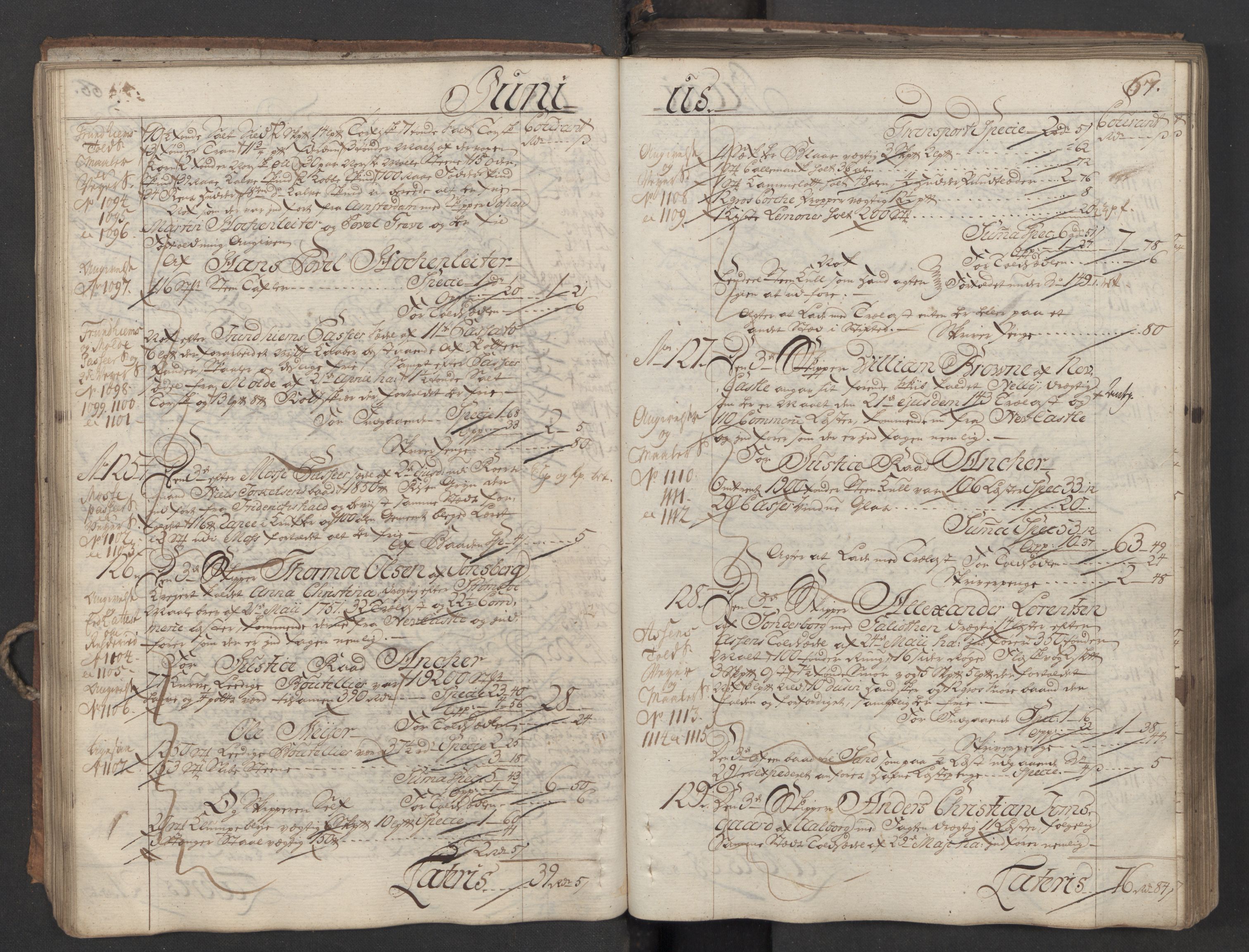 Generaltollkammeret, tollregnskaper, AV/RA-EA-5490/R06/L0037/0001: Tollregnskaper Kristiania / Inngående hovedtollbok, 1756, s. 66b-67a