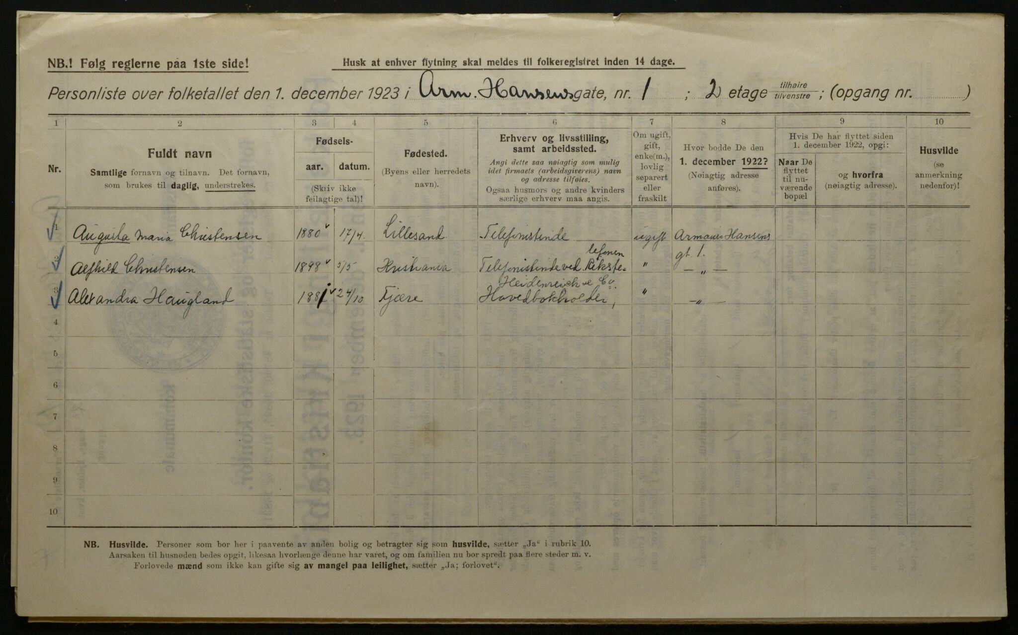 OBA, Kommunal folketelling 1.12.1923 for Kristiania, 1923, s. 2585