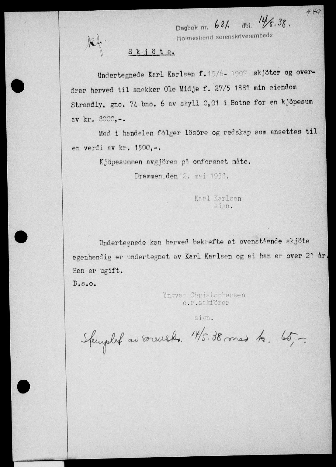 Holmestrand sorenskriveri, SAKO/A-67/G/Ga/Gaa/L0049: Pantebok nr. A-49, 1937-1938, Dagboknr: 631/1938