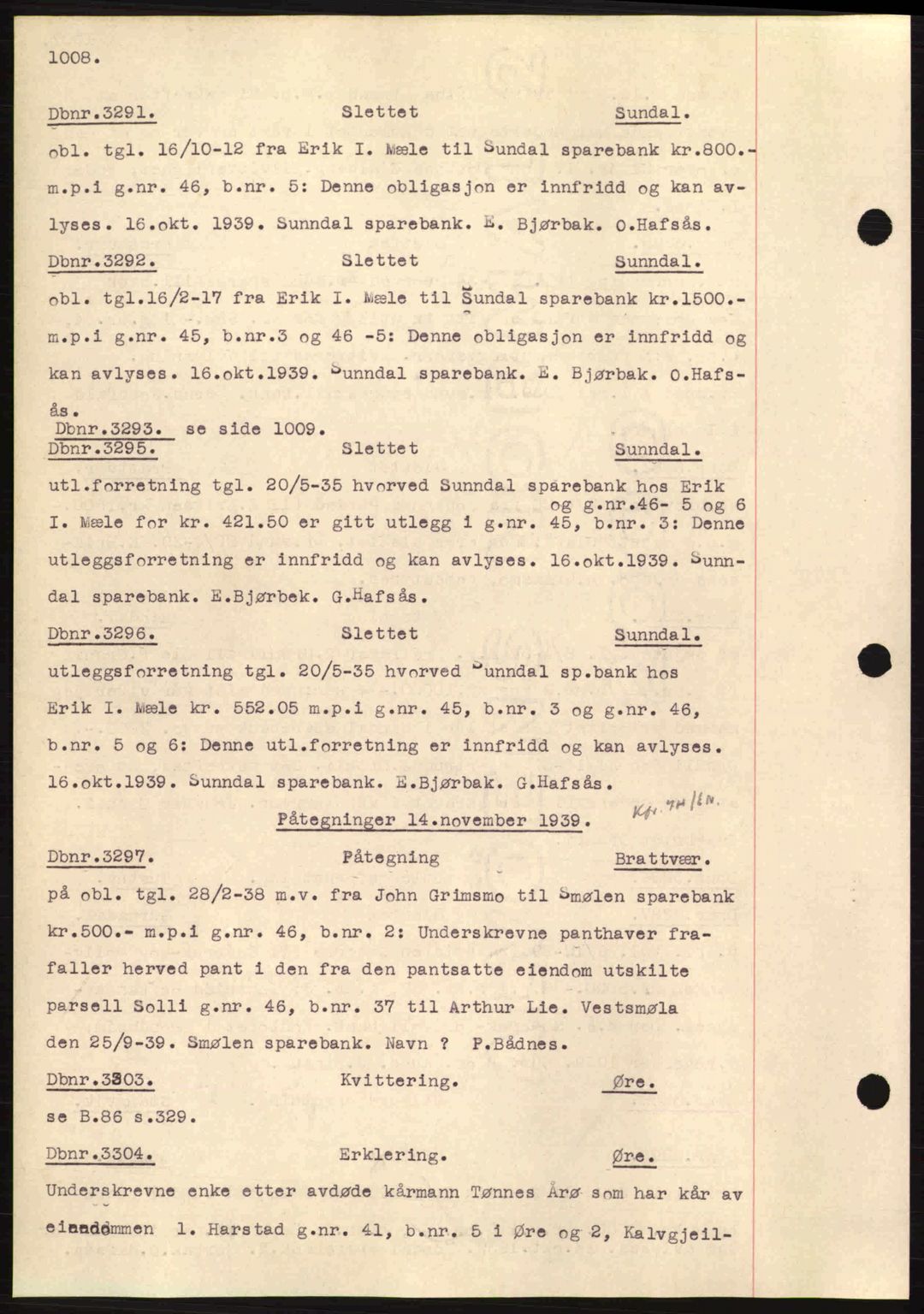 Nordmøre sorenskriveri, SAT/A-4132/1/2/2Ca: Pantebok nr. C80, 1936-1939, Dagboknr: 3291/1939