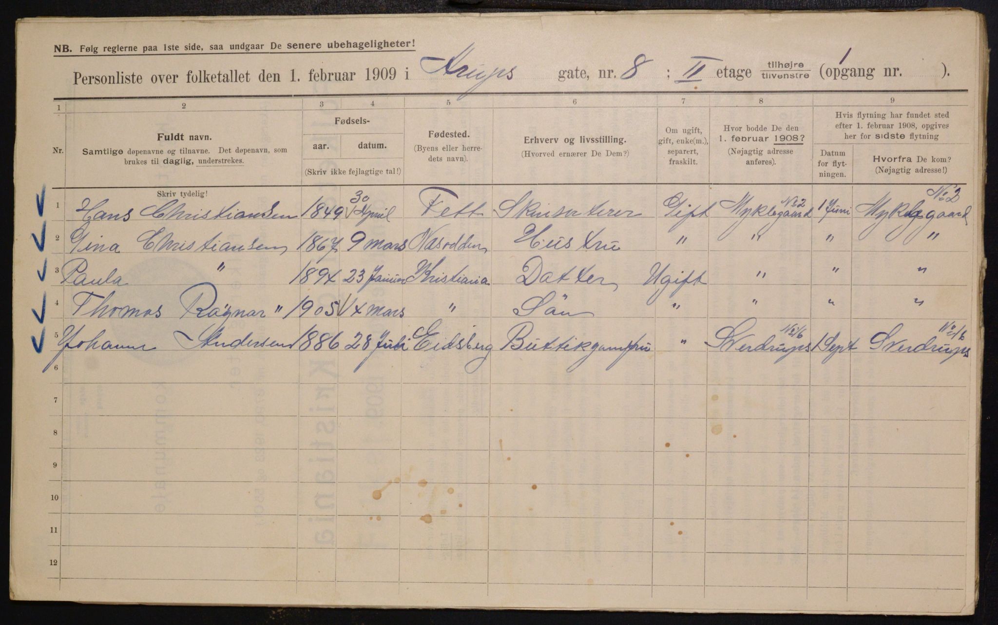 OBA, Kommunal folketelling 1.2.1909 for Kristiania kjøpstad, 1909, s. 2087