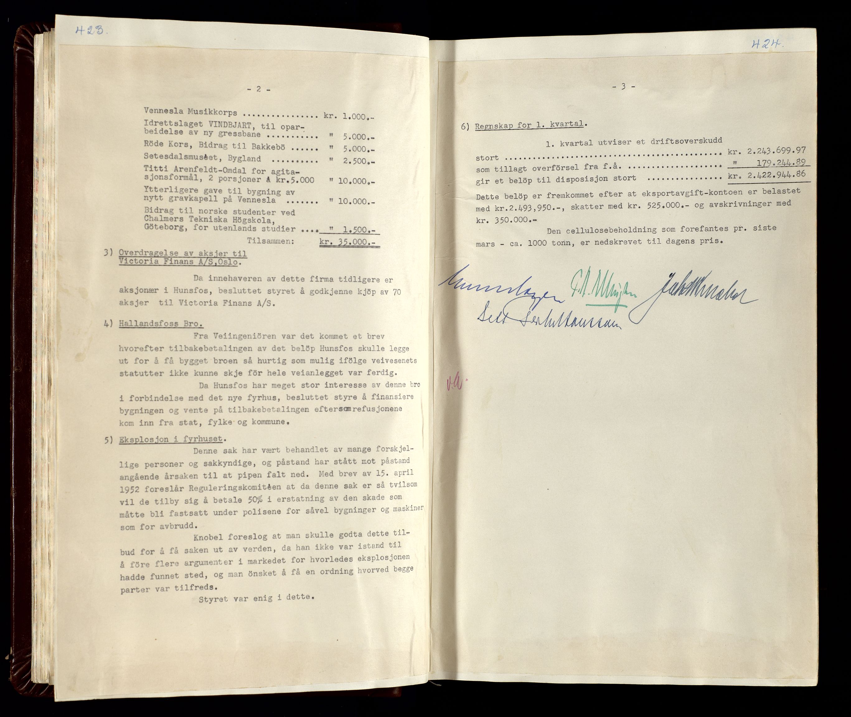 Hunsfos fabrikker, SAK/D/1440/02/L0007: Referatprotokoll fra styremøter (møte nr 114-221), 1951-1964, s. 423-424