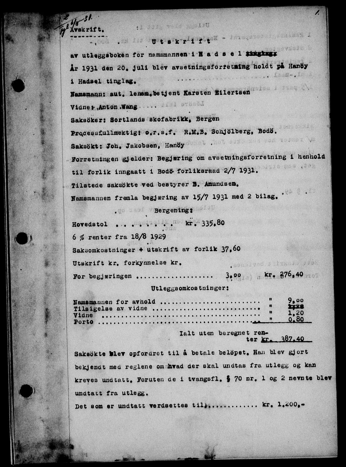 Vesterålen sorenskriveri, SAT/A-4180/1/2/2Ca/L0054: Pantebok nr. 47, 1931-1932, Tingl.dato: 06.08.1931