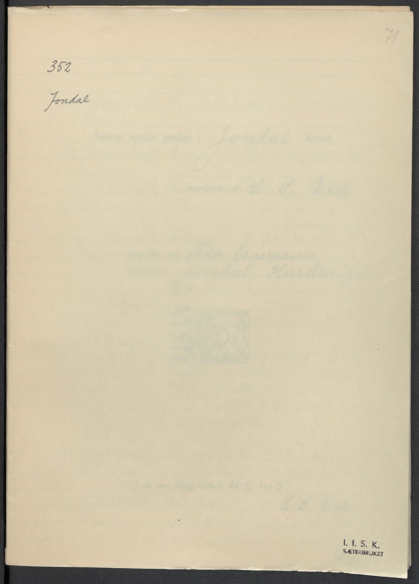 Instituttet for sammenlignende kulturforskning, AV/RA-PA-0424/F/Fc/L0010/0002: Eske B10: / Hordaland (perm XXVI), 1932-1935, s. 71