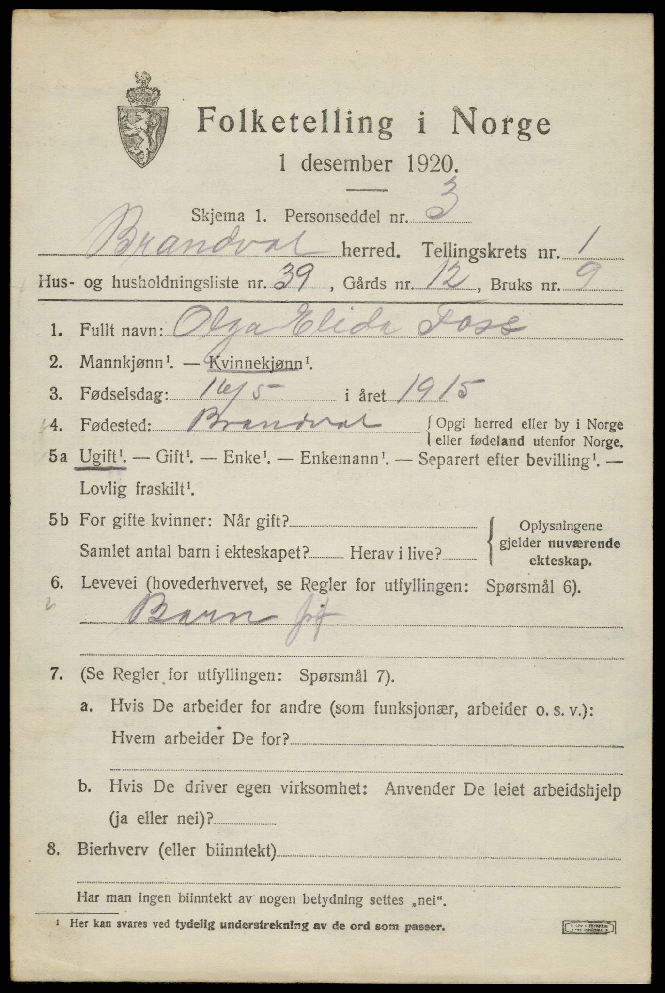 SAH, Folketelling 1920 for 0422 Brandval herred, 1920, s. 2016