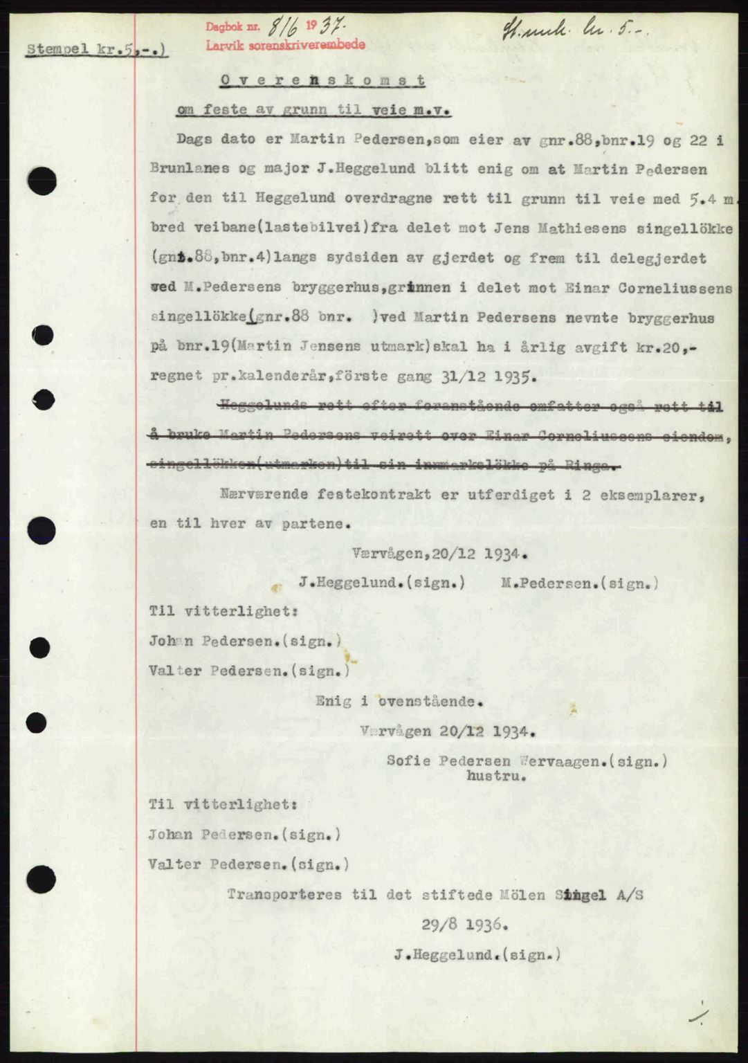 Larvik sorenskriveri, SAKO/A-83/G/Ga/Gab/L0067: Pantebok nr. A-1, 1936-1937, Dagboknr: 816/1937