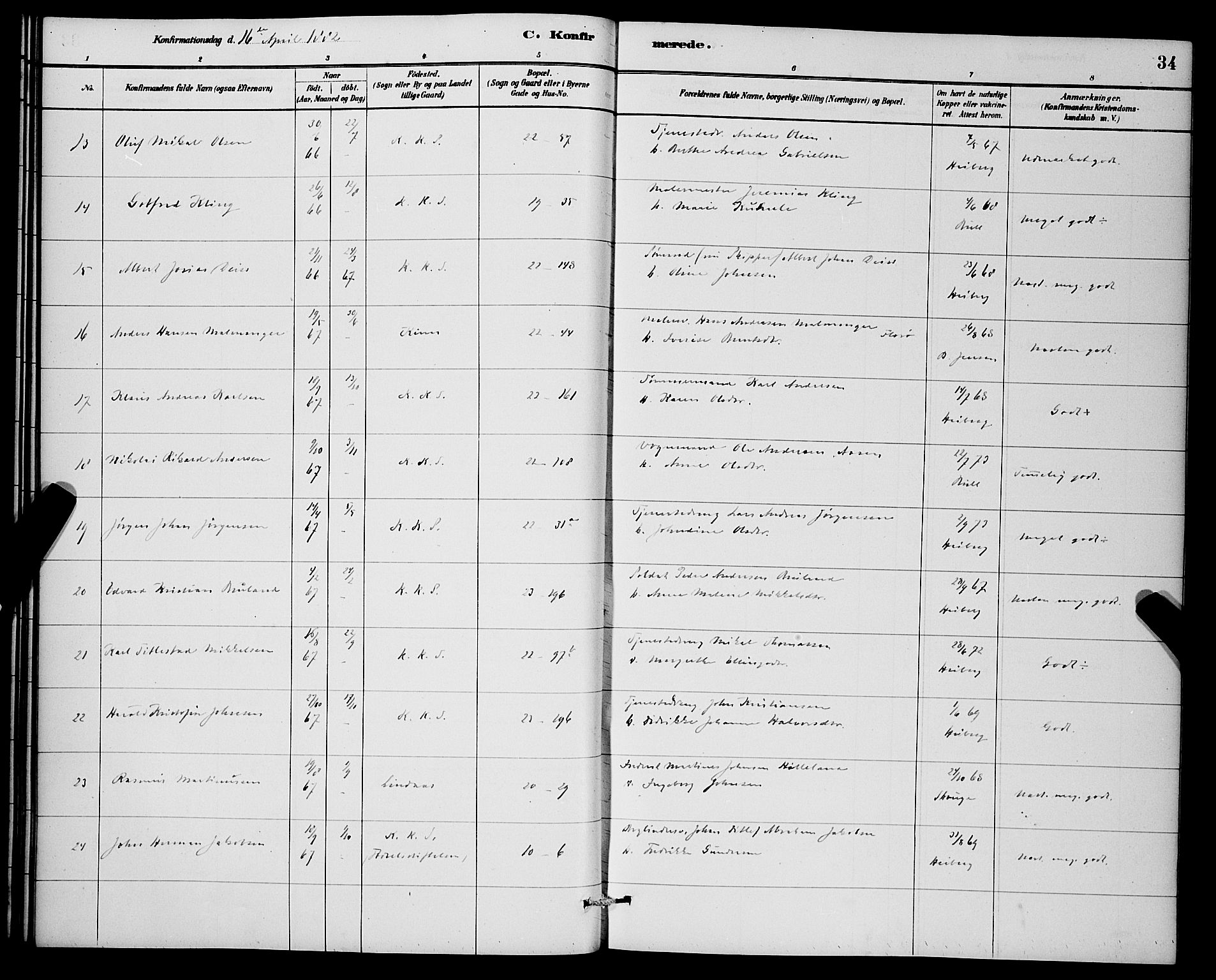 Korskirken sokneprestembete, SAB/A-76101/H/Hab: Klokkerbok nr. C 3, 1880-1892, s. 34