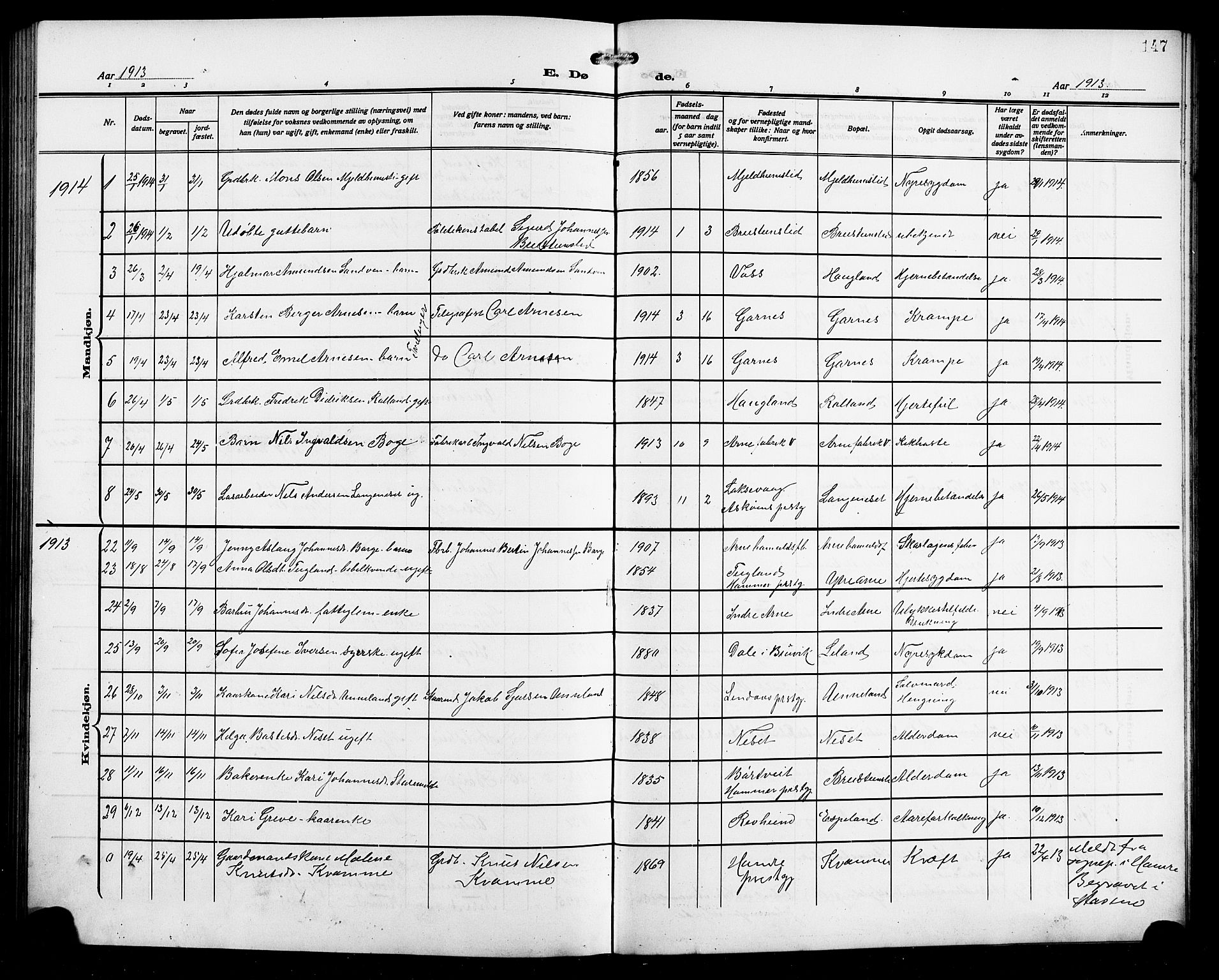 Arna sokneprestembete, AV/SAB-A-74001/H/Ha/Hab: Klokkerbok nr. A 5, 1911-1921, s. 147