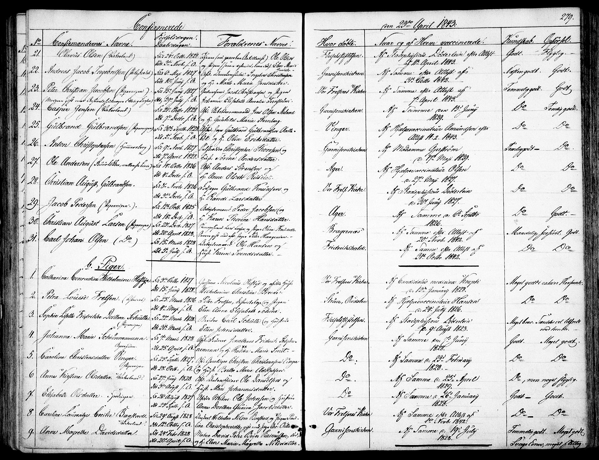 Garnisonsmenigheten Kirkebøker, SAO/A-10846/F/Fa/L0008: Ministerialbok nr. 8, 1842-1859, s. 279