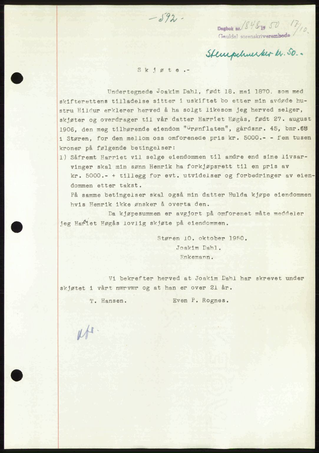 Gauldal sorenskriveri, SAT/A-0014/1/2/2C: Pantebok nr. A11, 1950-1950, Dagboknr: 1848/1950