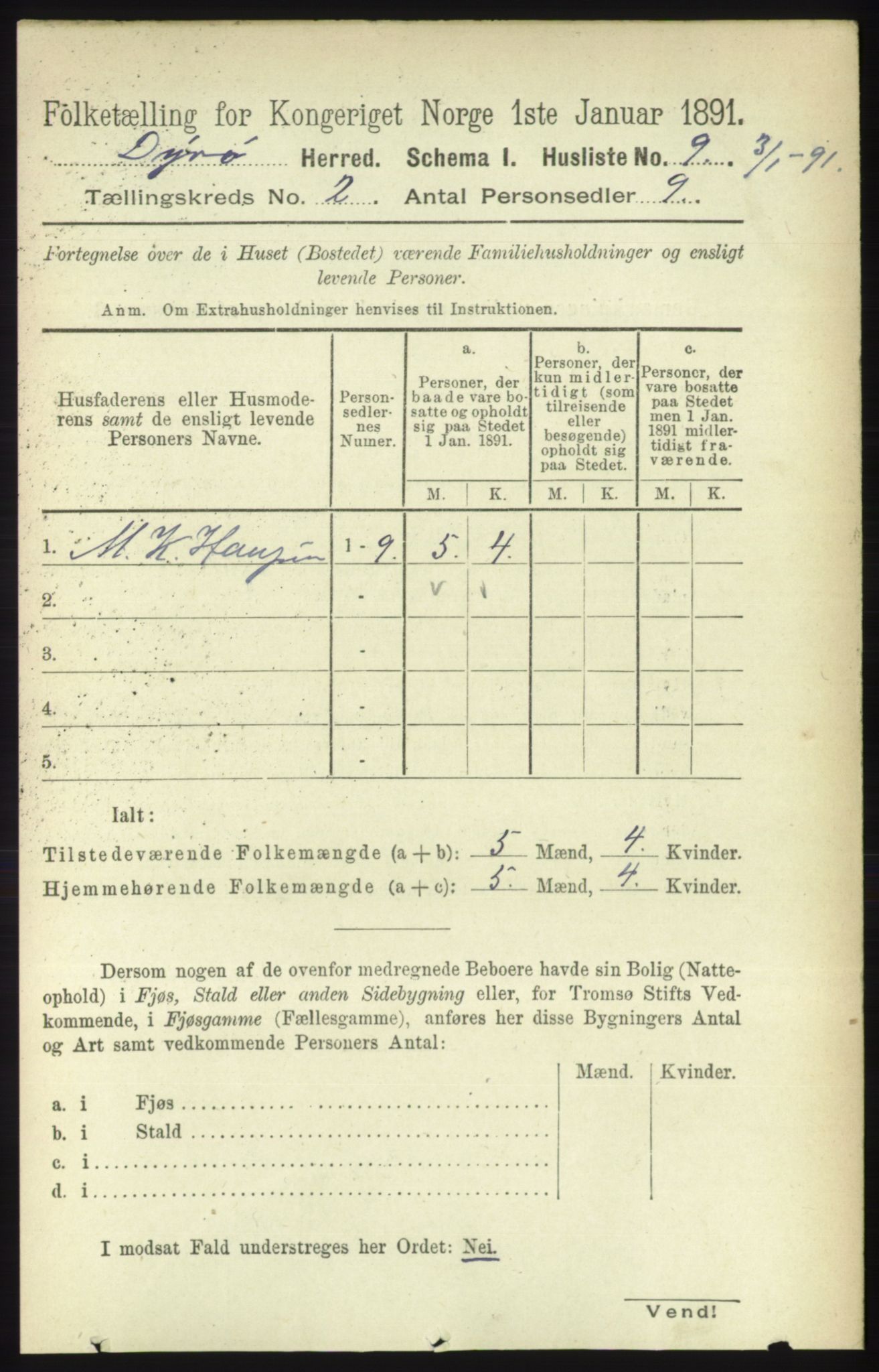 RA, Folketelling 1891 for 1926 Dyrøy herred, 1891, s. 461