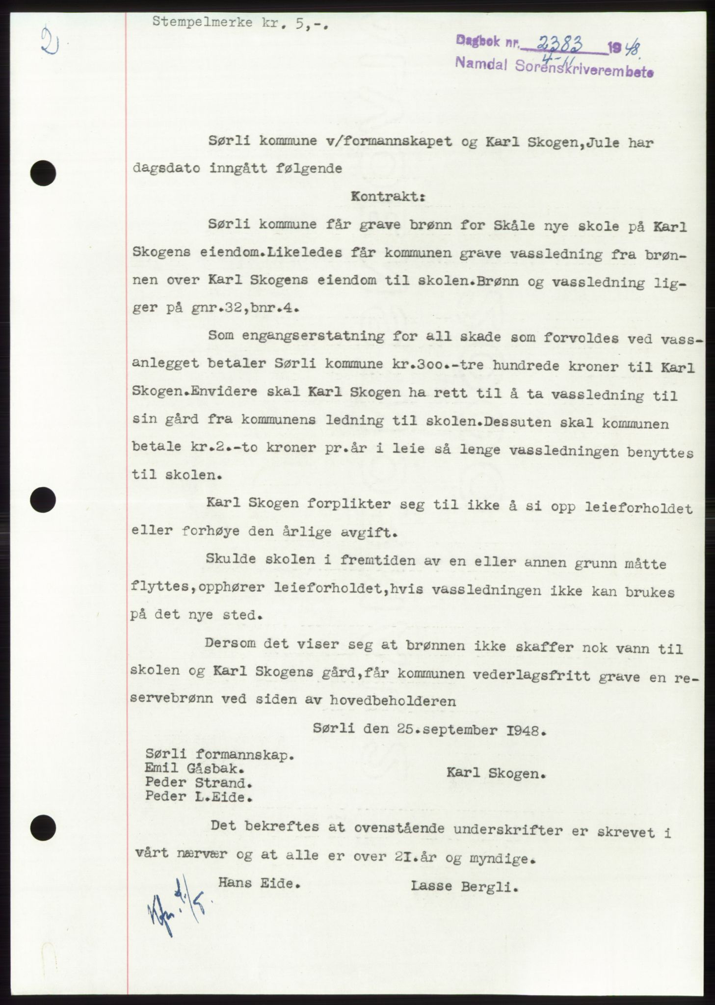 Namdal sorenskriveri, SAT/A-4133/1/2/2C: Pantebok nr. -, 1948-1948, Dagboknr: 2383/1948
