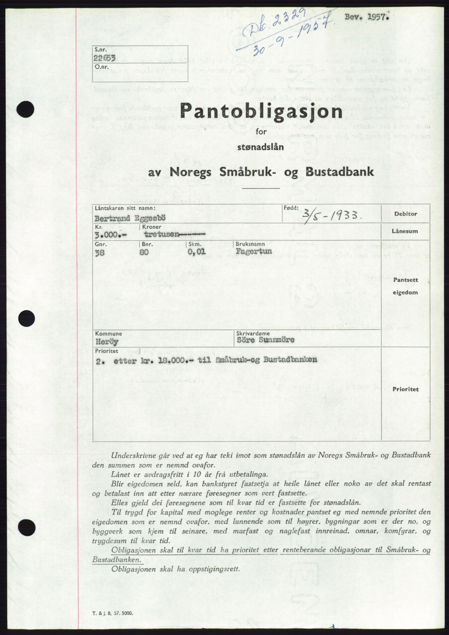 Søre Sunnmøre sorenskriveri, AV/SAT-A-4122/1/2/2C/L0130: Pantebok nr. 18B, 1957-1958, Dagboknr: 2329/1957