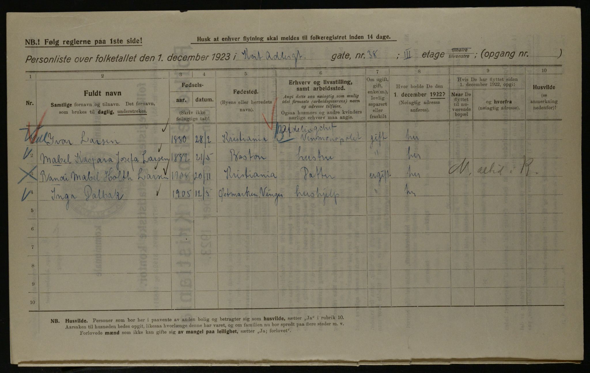 OBA, Kommunal folketelling 1.12.1923 for Kristiania, 1923, s. 15839