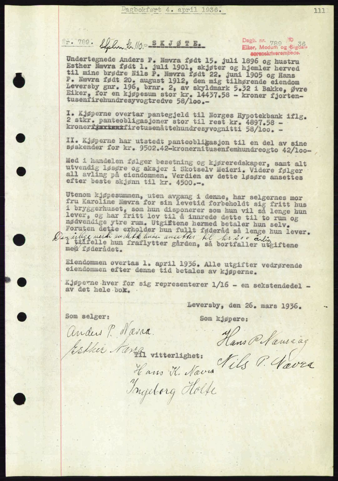 Eiker, Modum og Sigdal sorenskriveri, SAKO/A-123/G/Ga/Gab/L0032: Pantebok nr. A2, 1936-1936, Dagboknr: 789/1936