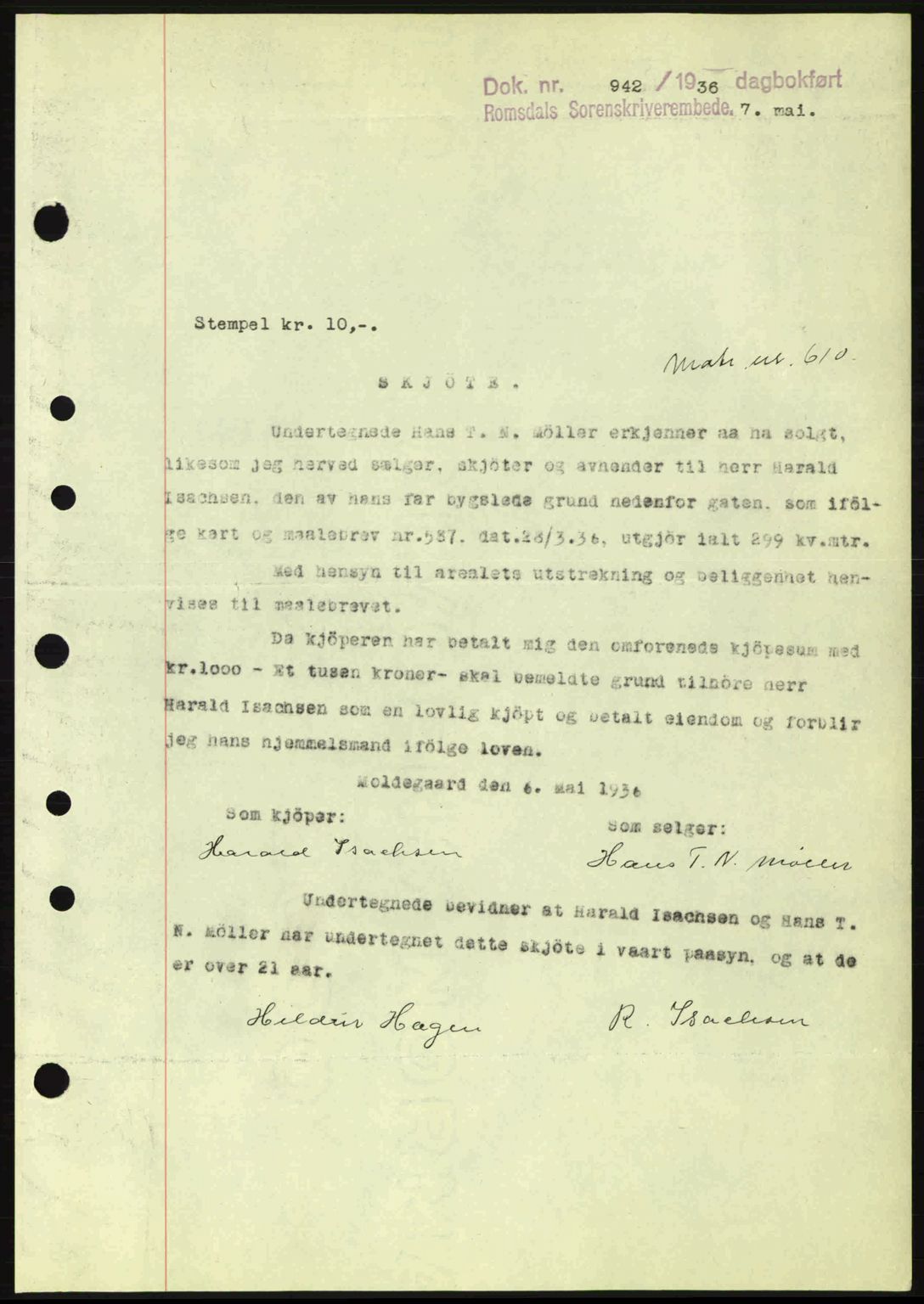 Romsdal sorenskriveri, SAT/A-4149/1/2/2C: Pantebok nr. A1, 1936-1936, Dagboknr: 942/1936